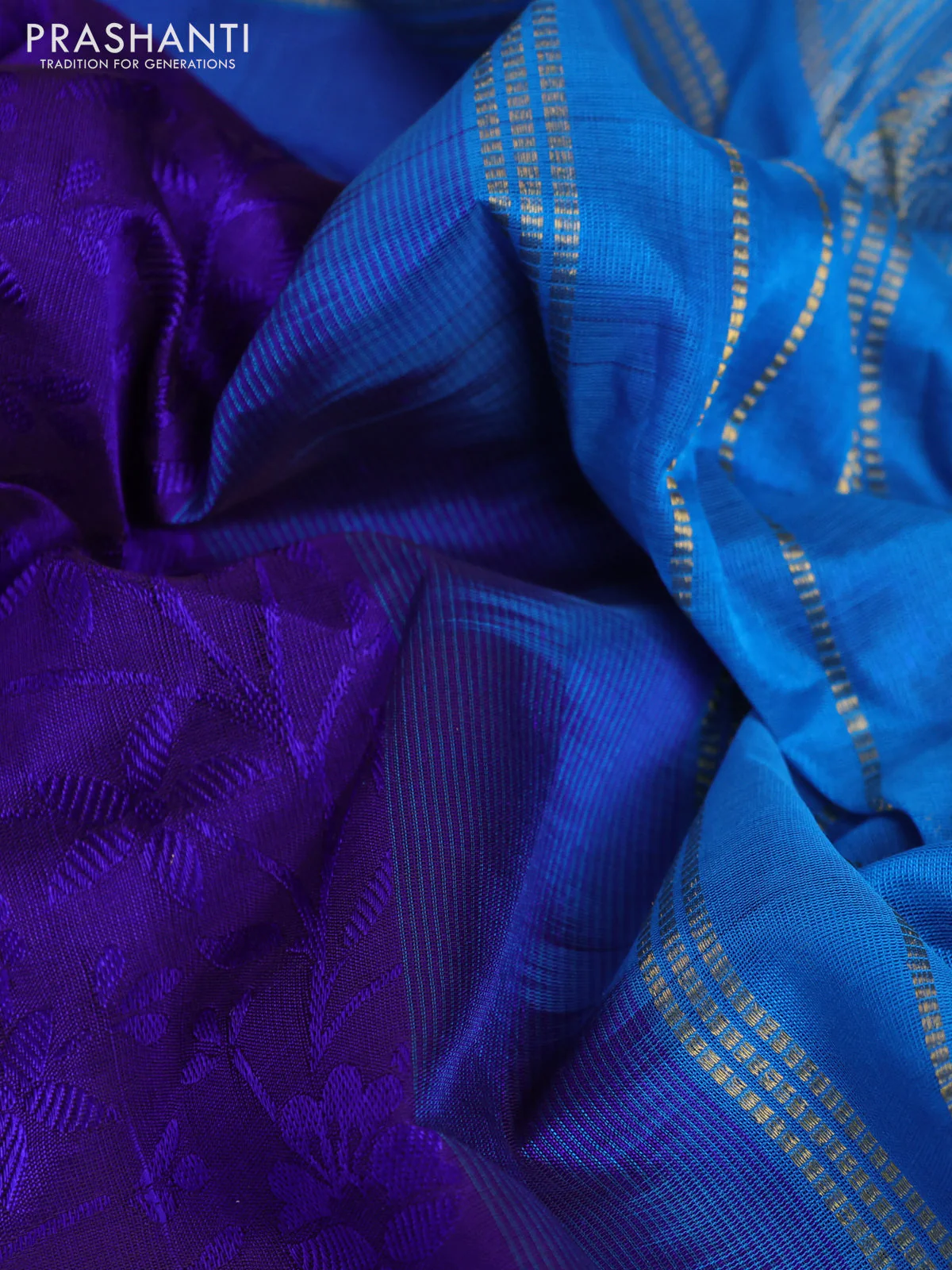 10 Yards silk cotton saree blue and cs blue with allover self emboss jacquard and zari woven border - Image 3