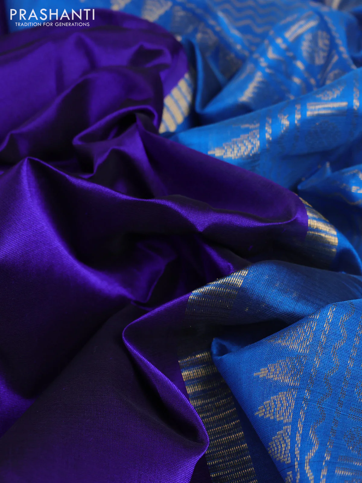 10 Yards silk cotton saree blue and cs blue with plain body and zari woven korvai border - Image 3