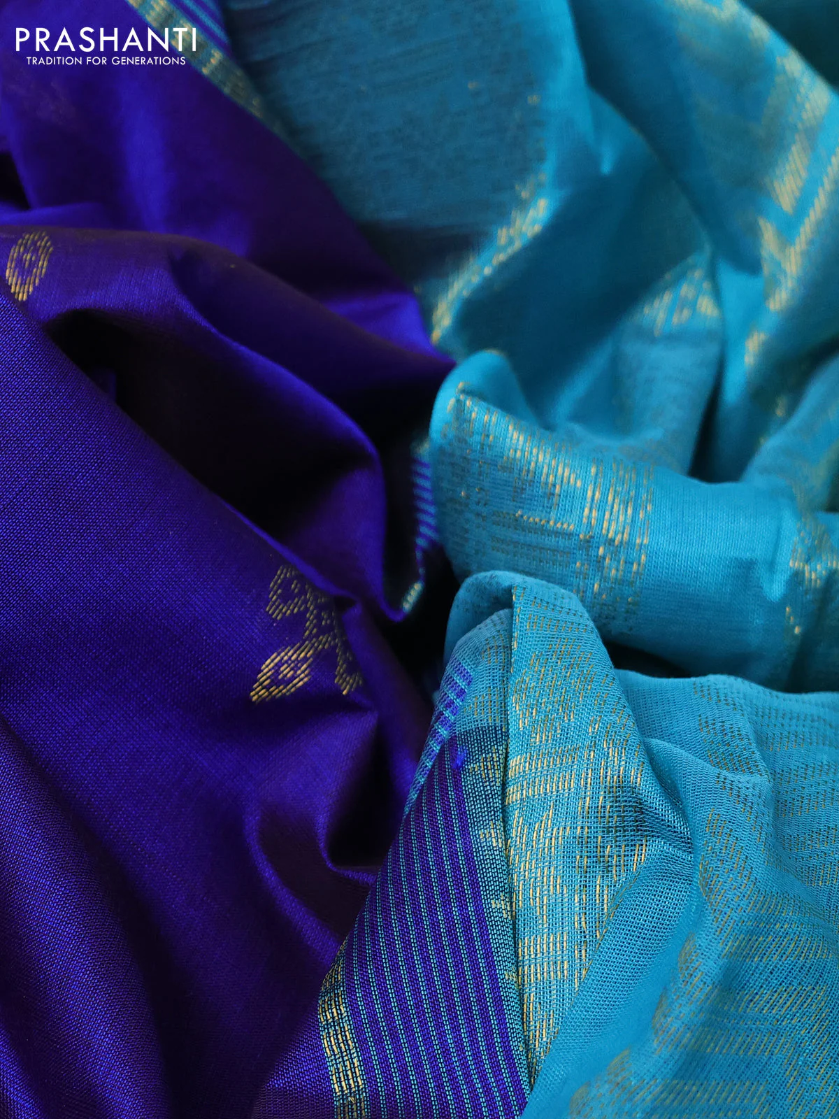10 yards silk cotton saree blue and teal blue with zari woven buttas and rettapet zari woven border - Image 3