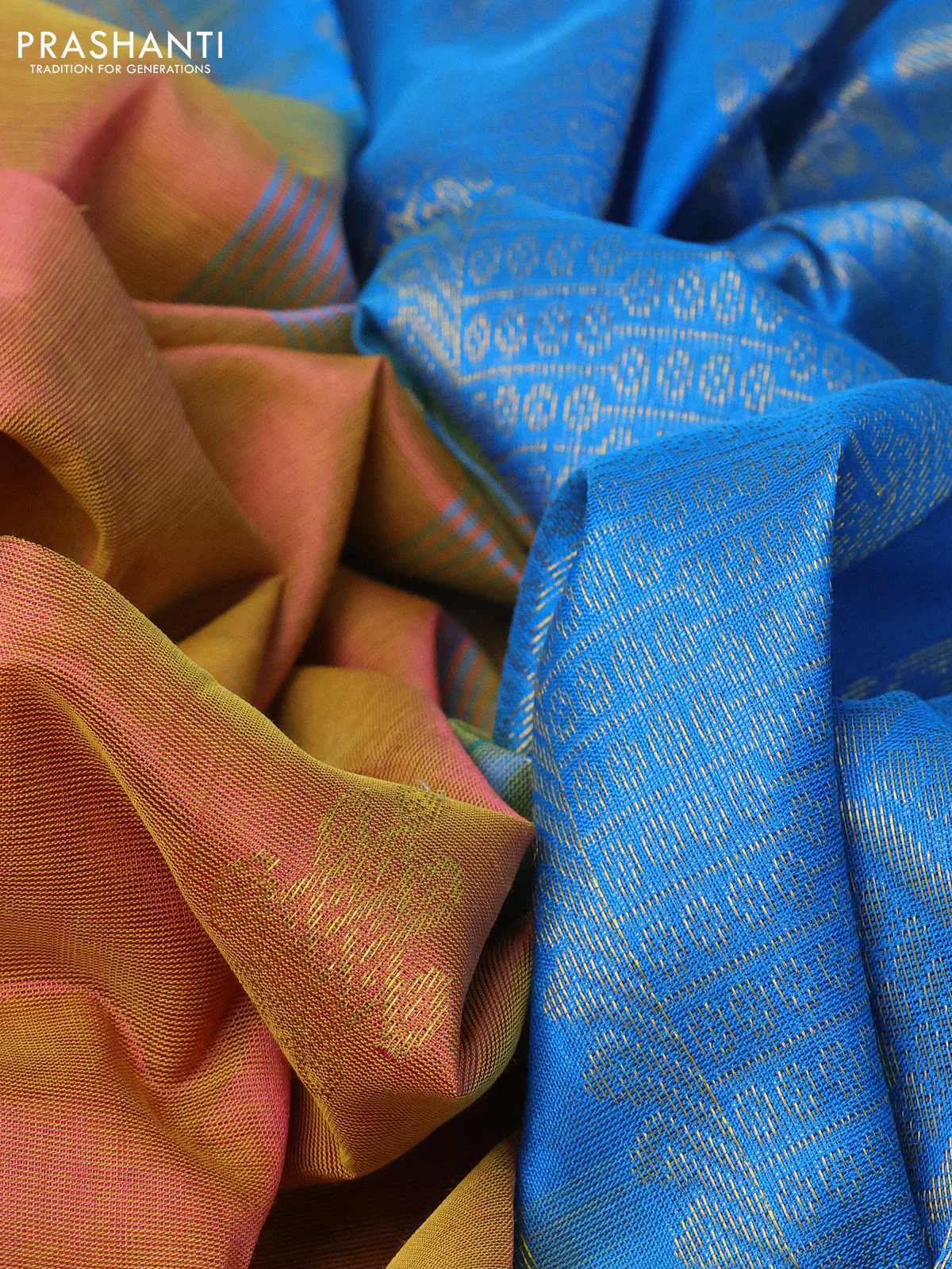 10 yards silk cotton saree dual shade of mustard and cs blue with zari woven buttas and zari woven border - Image 3