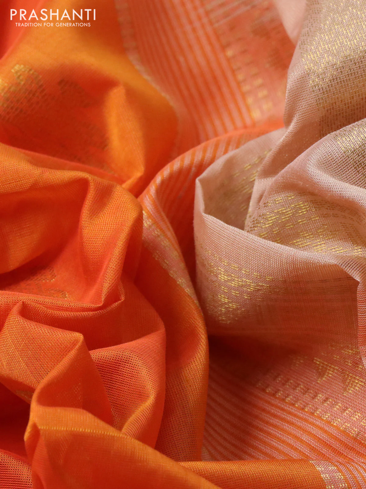 10 yards silk cotton saree orange and cream with zari woven buttas and rettapet zari woven border - Image 3