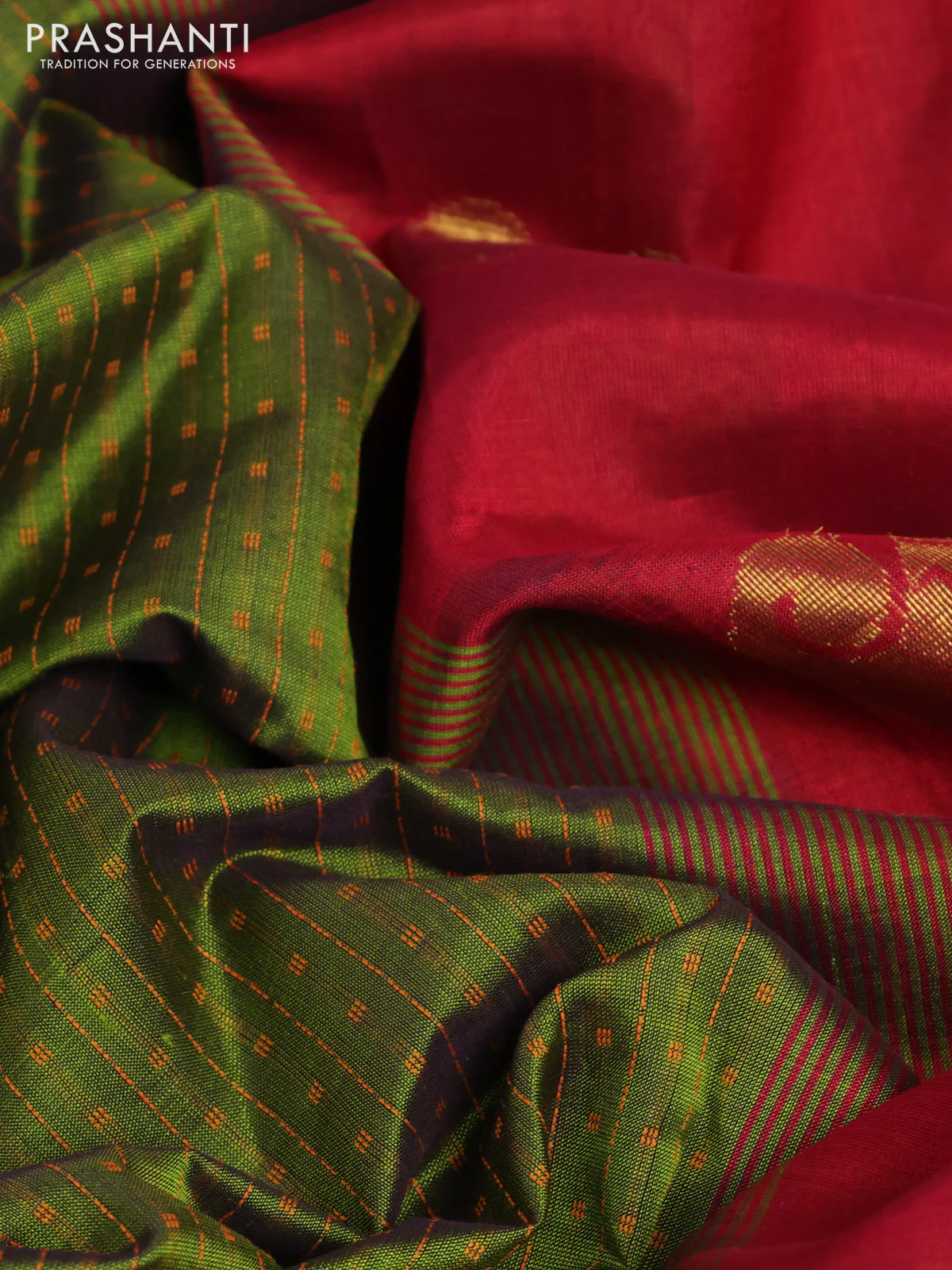 10 Yards silk cotton saree sap green and maroon with allover thread weaves and zari woven border - Image 3