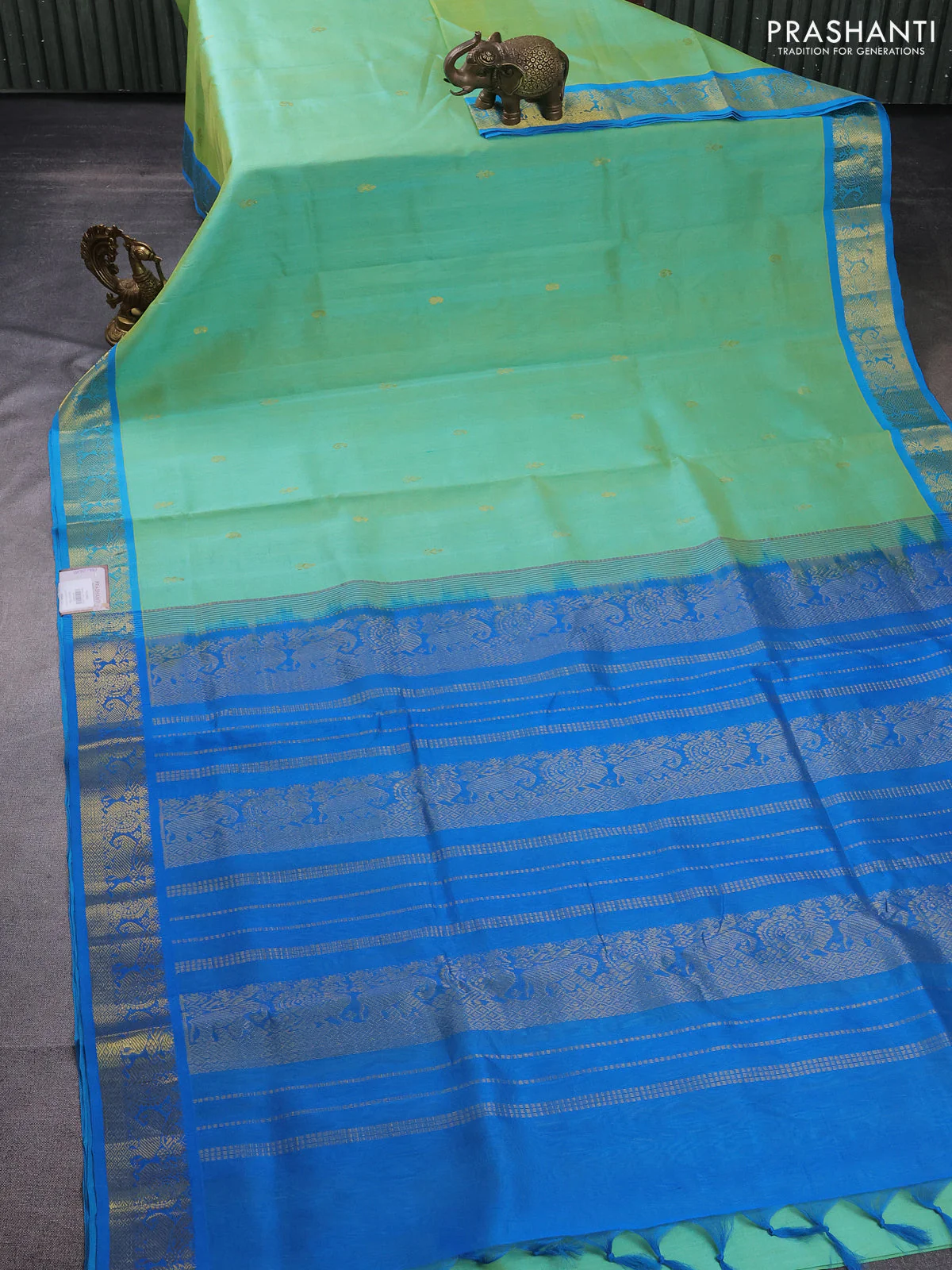 10 Yards silk cotton saree teal green and cs blue with zari woven buttas and zari woven border - Image 2