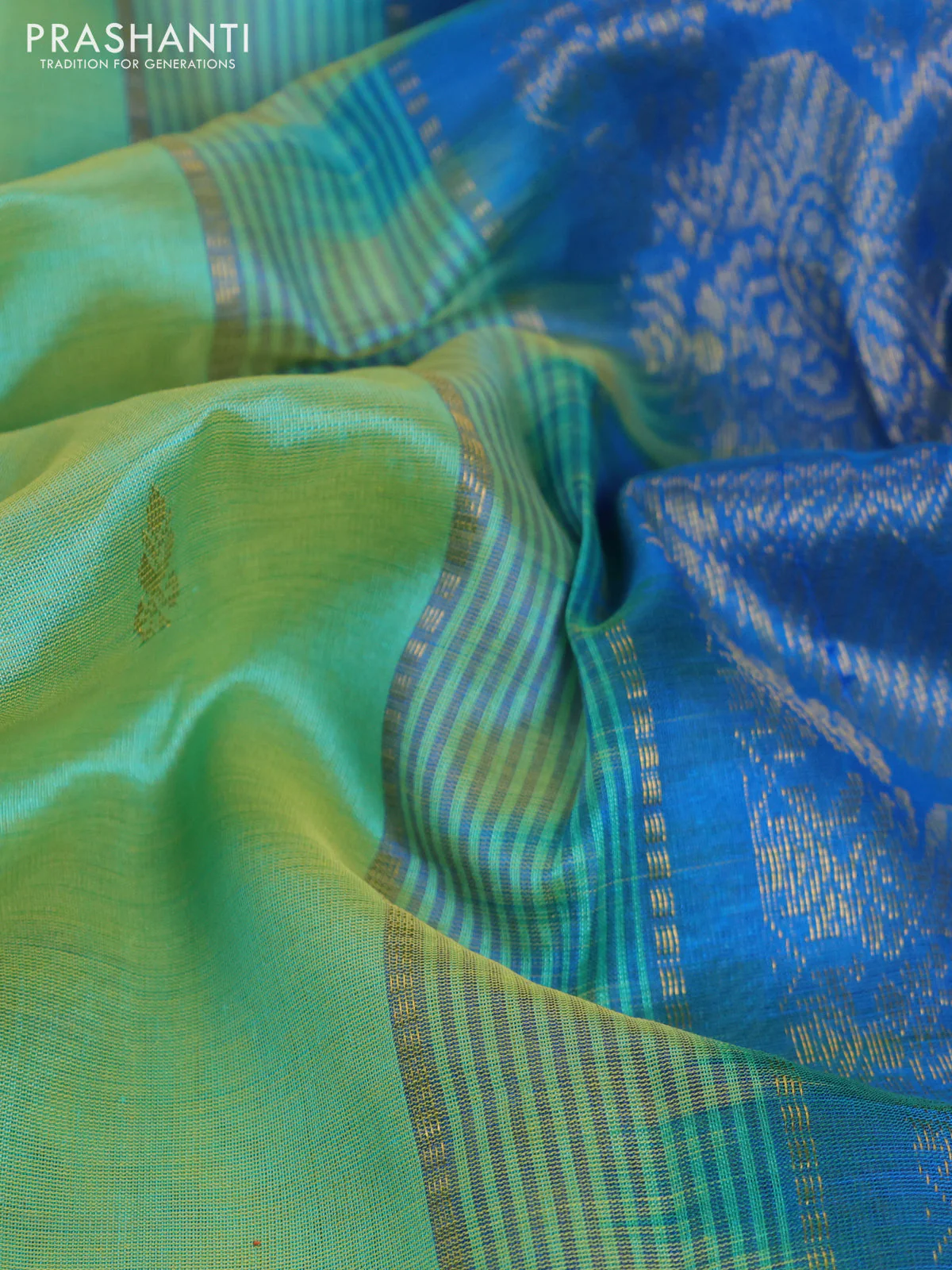 10 Yards silk cotton saree teal green and cs blue with zari woven buttas and zari woven border - Image 3