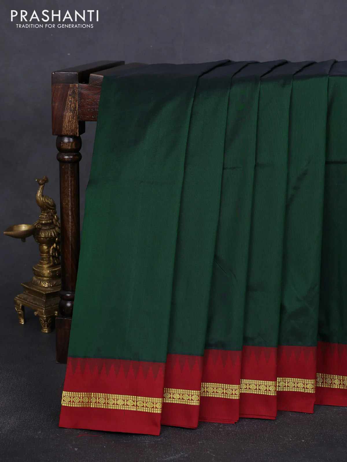 10 Yards kanchipuram silk saree bottle green and maroon with plain body and temple design zari woven border