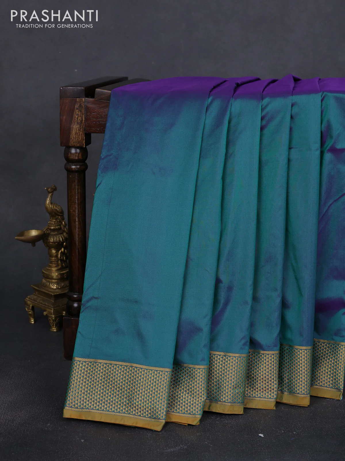 10 Yards kanchipuram silk saree teal greenish violet and dark mustard with plain body and zari woven border