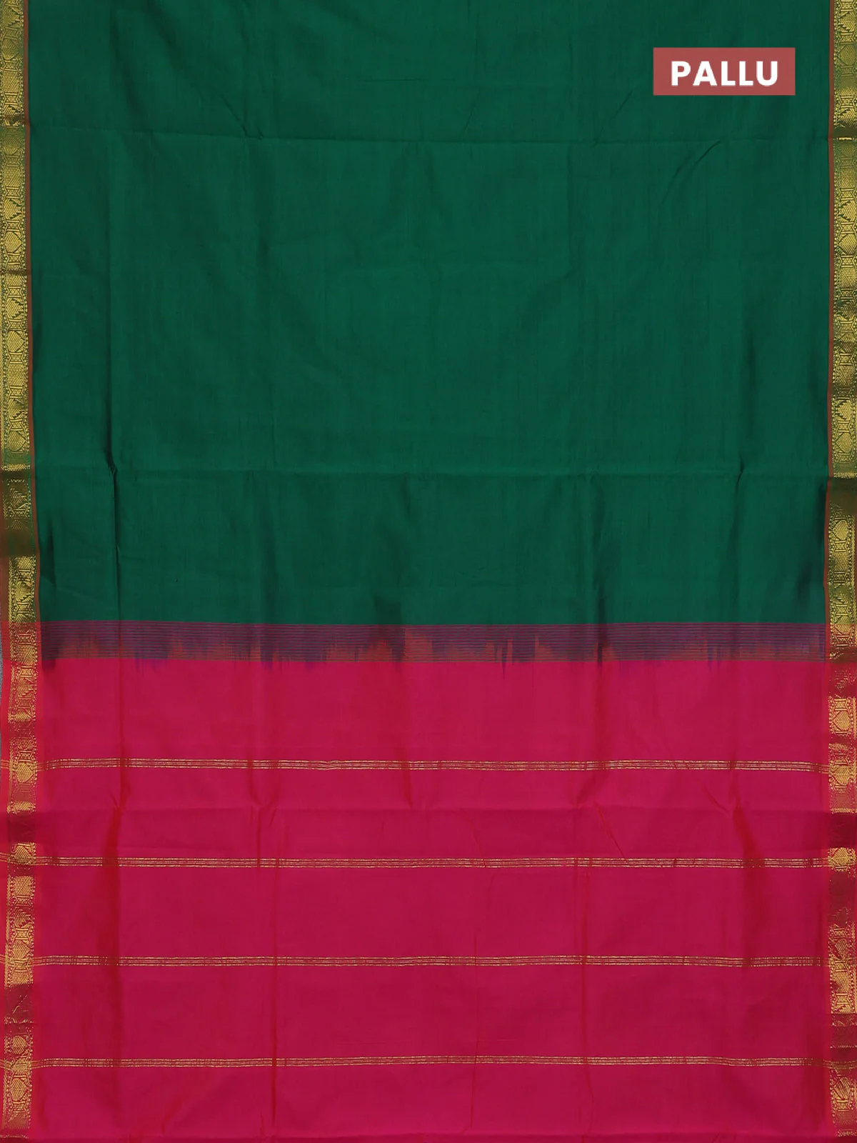 10 Yards poly cotton saree bottle green and pink with plain body and zari woven border - Image 3