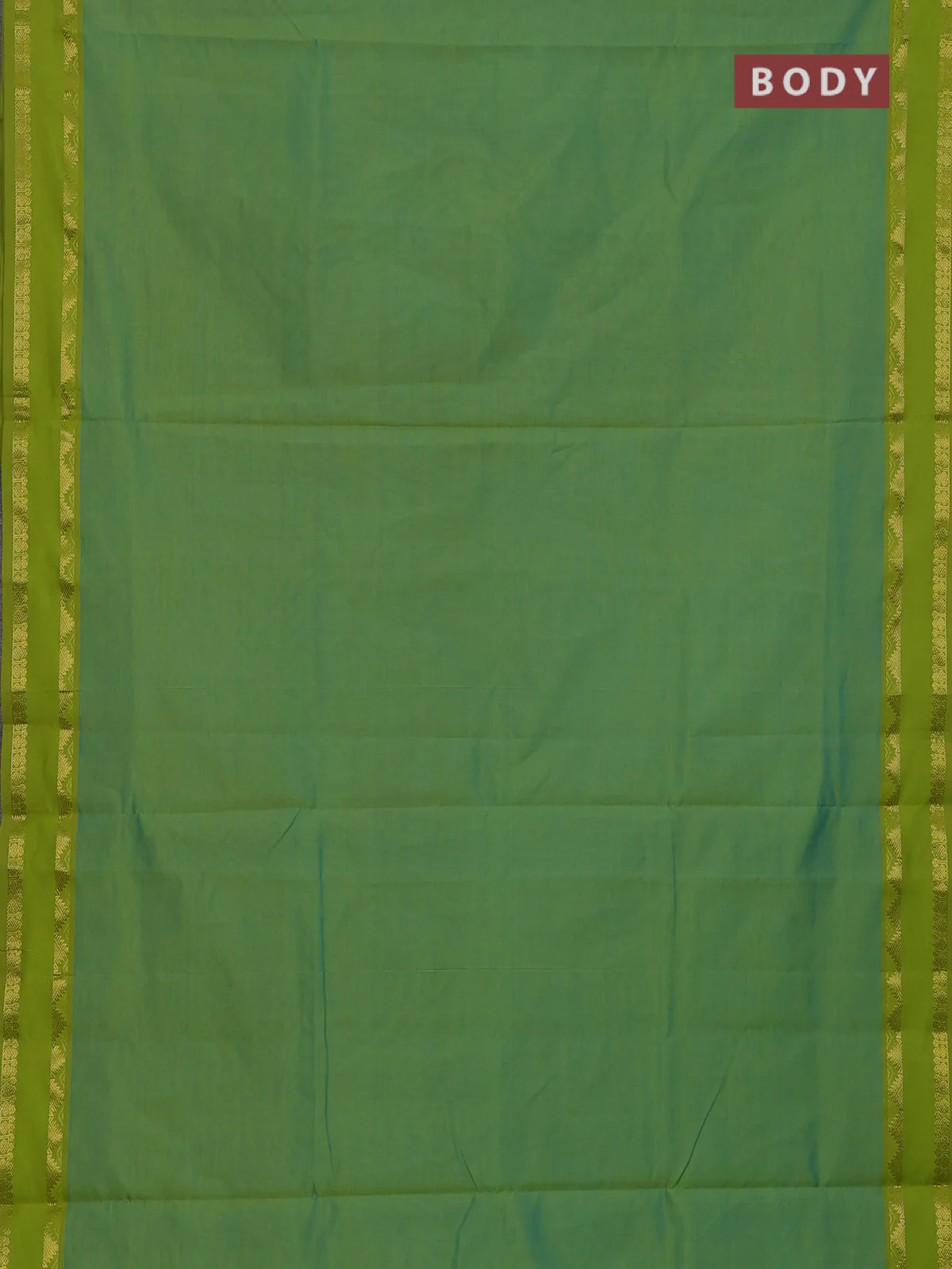 10 Yards poly cotton saree dual shade of bluish green and light green with plain body and rettapet zari woven border - Image 2
