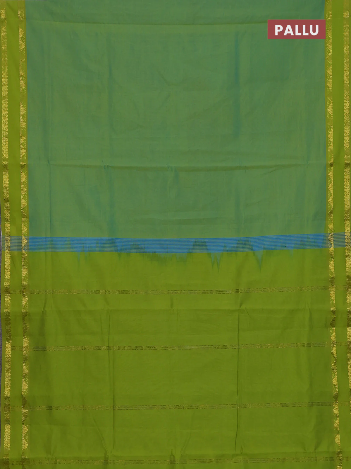 10 Yards poly cotton saree dual shade of bluish green and light green with plain body and rettapet zari woven border - Image 3