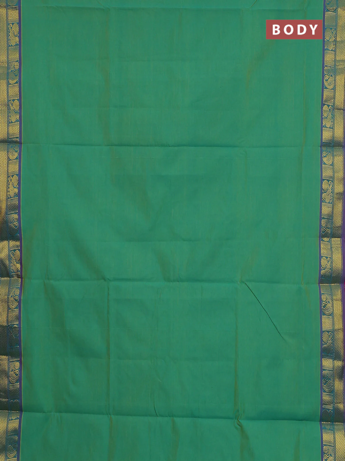 10 Yards poly cotton saree dual shade of green and purple with plain body and annam & paisley zari woven border - Image 2