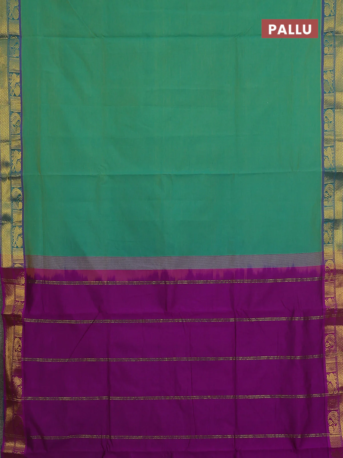 10 Yards poly cotton saree dual shade of green and purple with plain body and annam & paisley zari woven border - Image 3