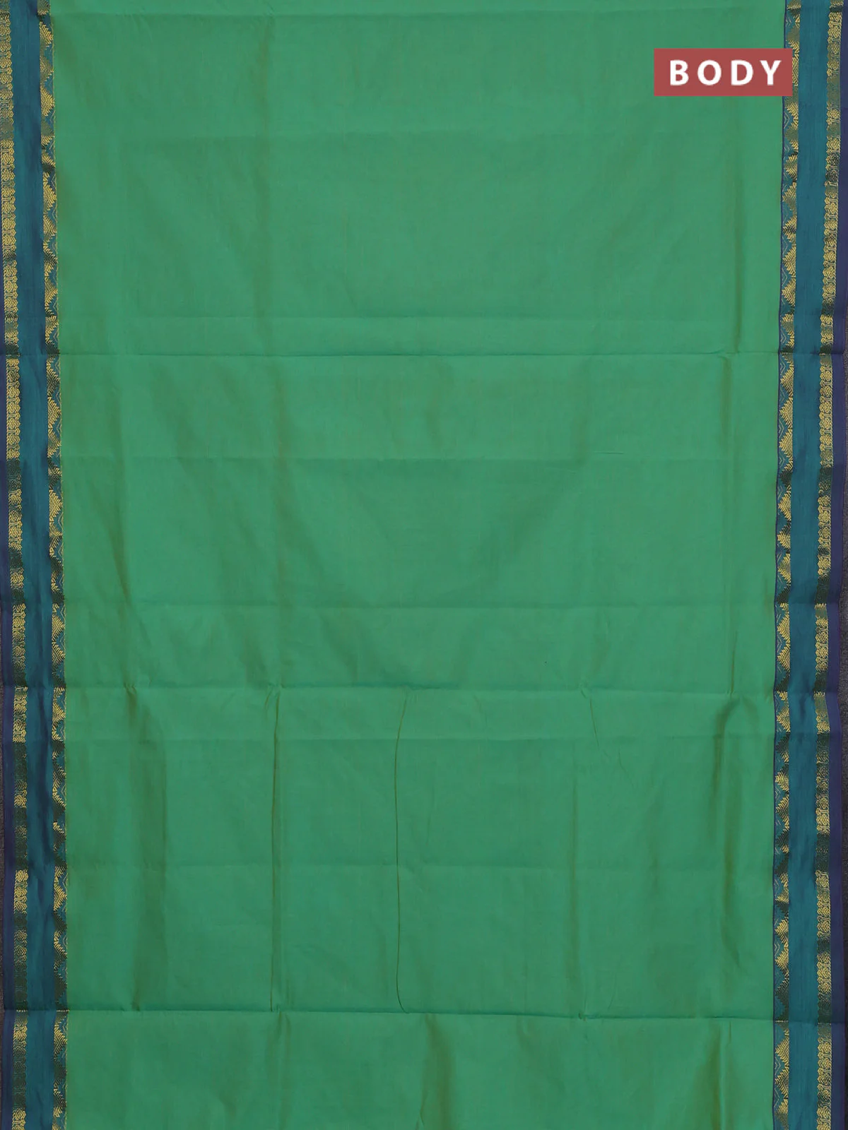 10 Yards poly cotton saree dual shade of green and violet with plain body and rettapet zari woven border - Image 2