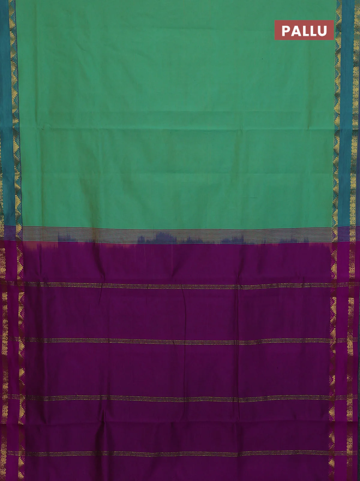 10 Yards poly cotton saree dual shade of green and violet with plain body and rettapet zari woven border - Image 3