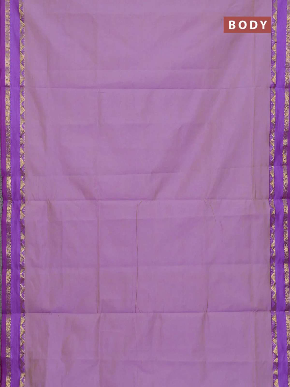 10 Yards poly cotton saree dual shade of lavender and purple with plain body and rettapet zari woven border - Image 2