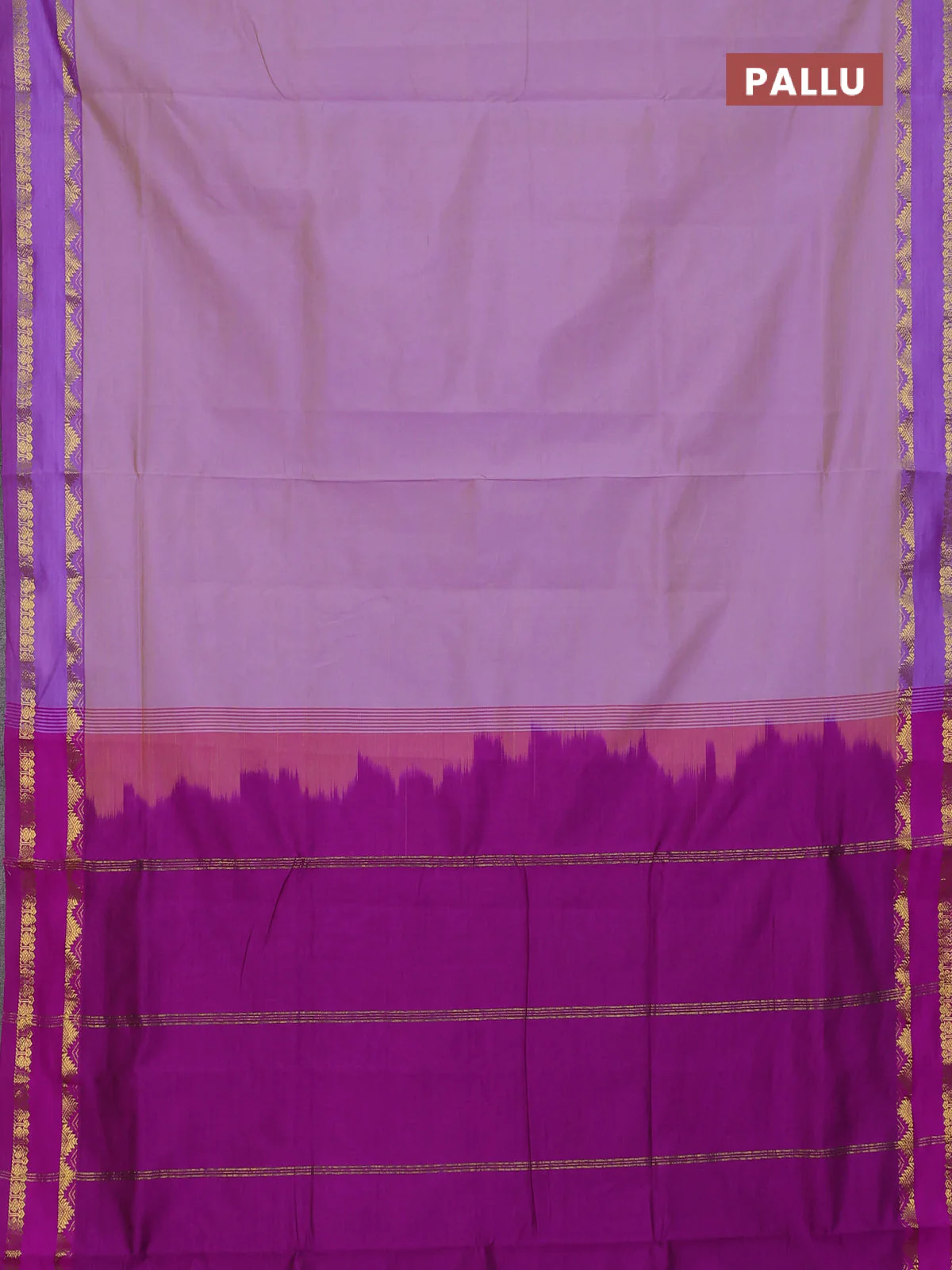 10 Yards poly cotton saree dual shade of lavender and purple with plain body and rettapet zari woven border - Image 3