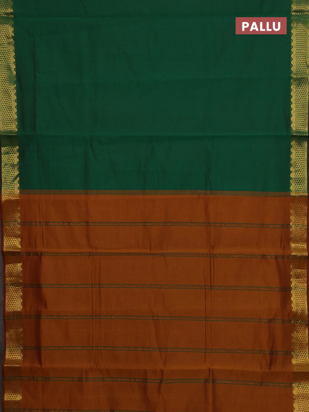 10 Yards poly cotton saree green and dark mustard with plain body and zari woven border - Image 3
