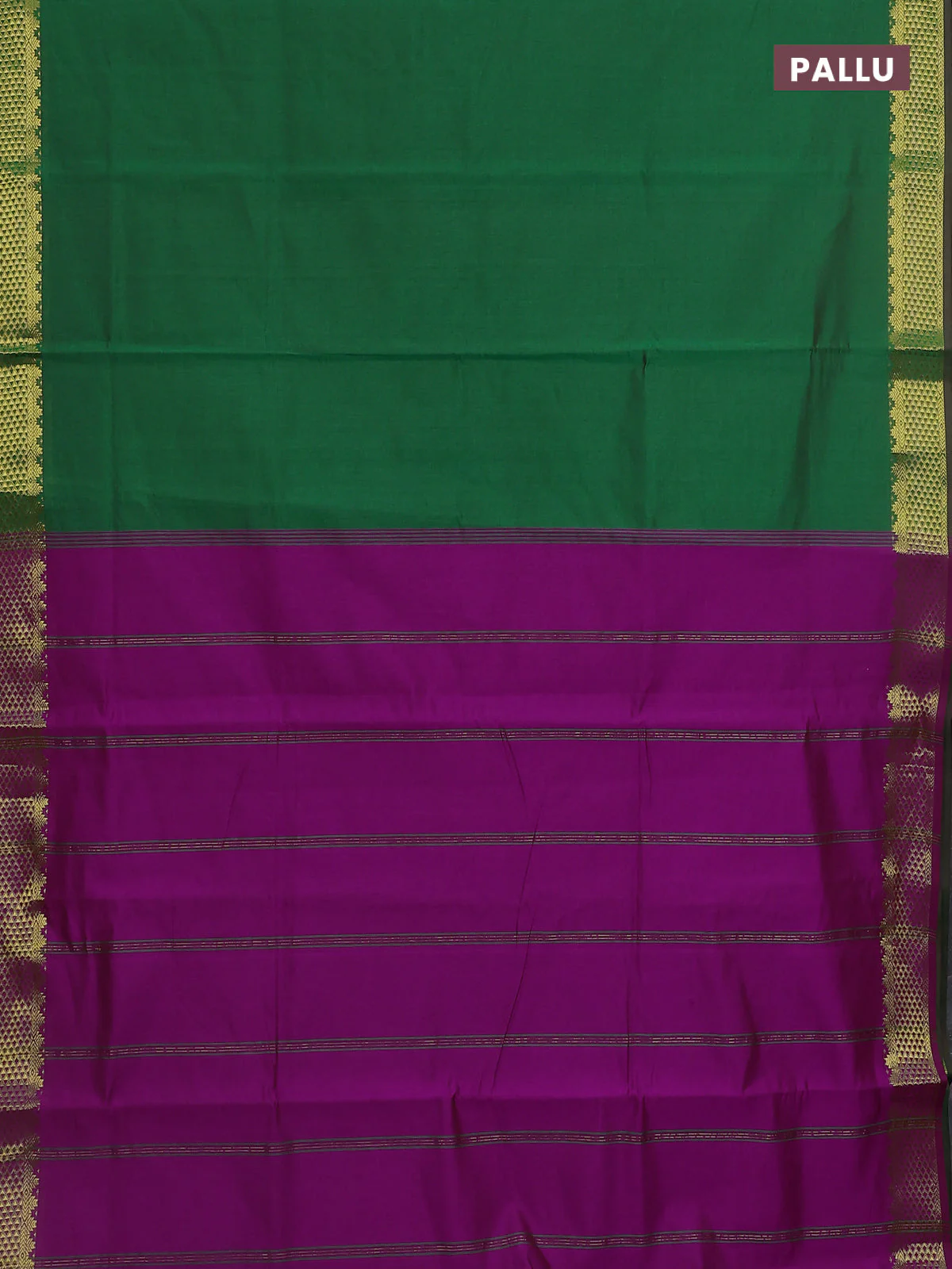 10 Yards poly cotton saree green and magenta pink with plain body and zari woven border - Image 3
