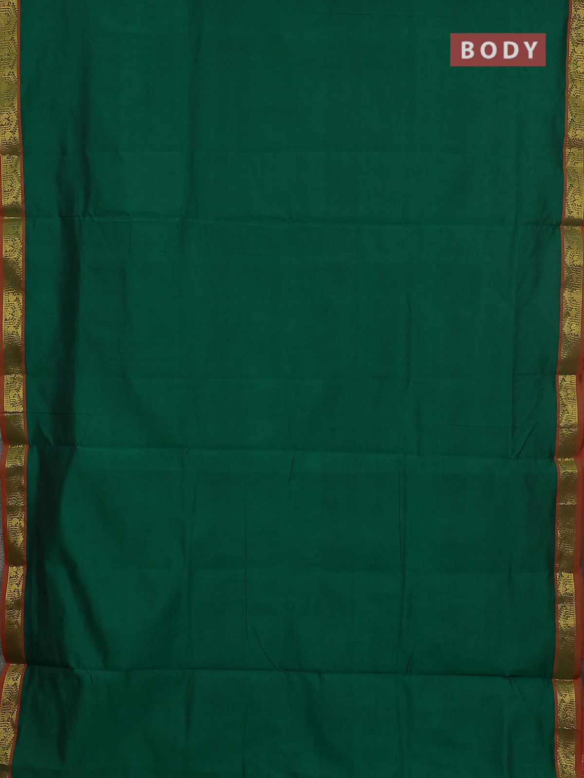 10 Yards poly cotton saree green and pink with plain body and temple zari woven border - Image 2