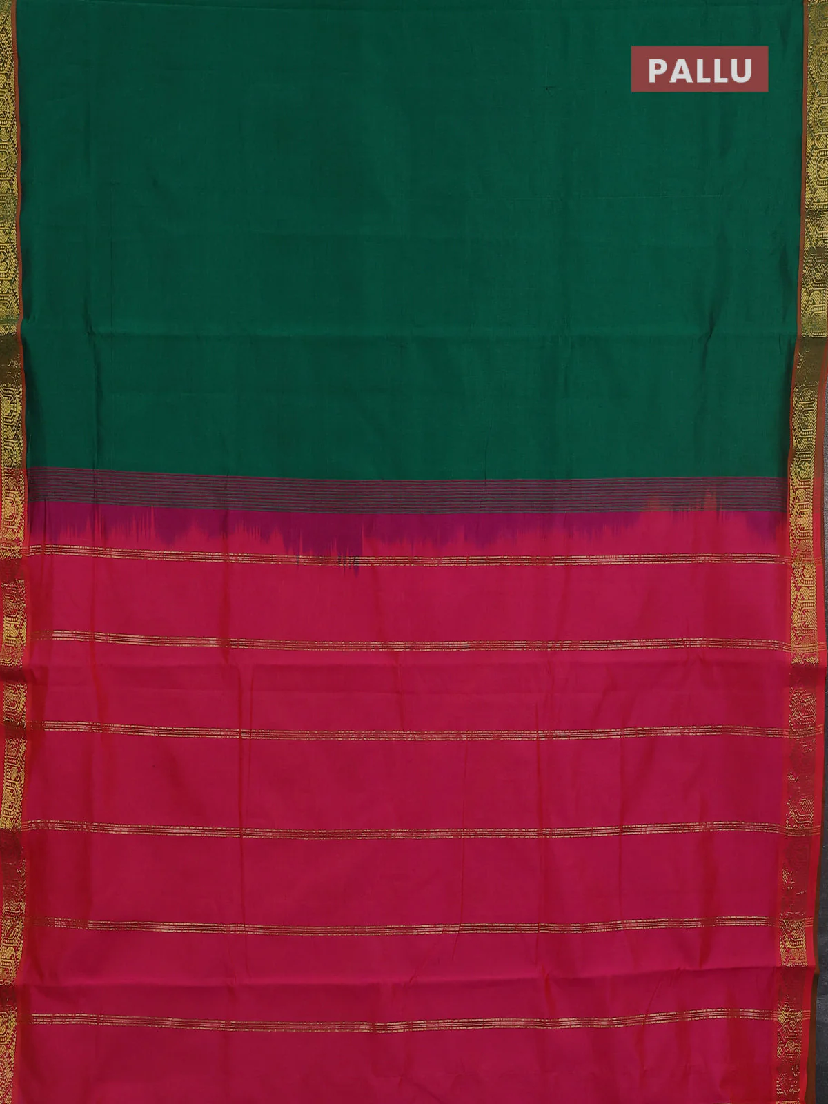 10 Yards poly cotton saree green and pink with plain body and temple zari woven border - Image 3