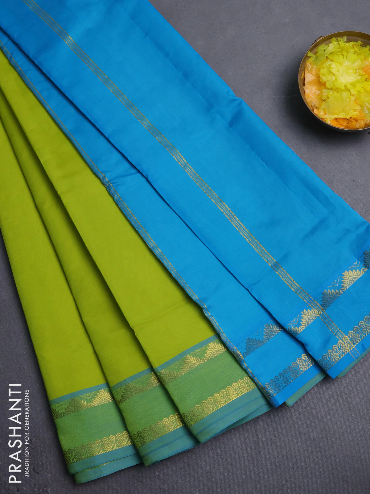 10 Yards poly cotton saree light green and cs blue with plain body and rettapet zari woven border