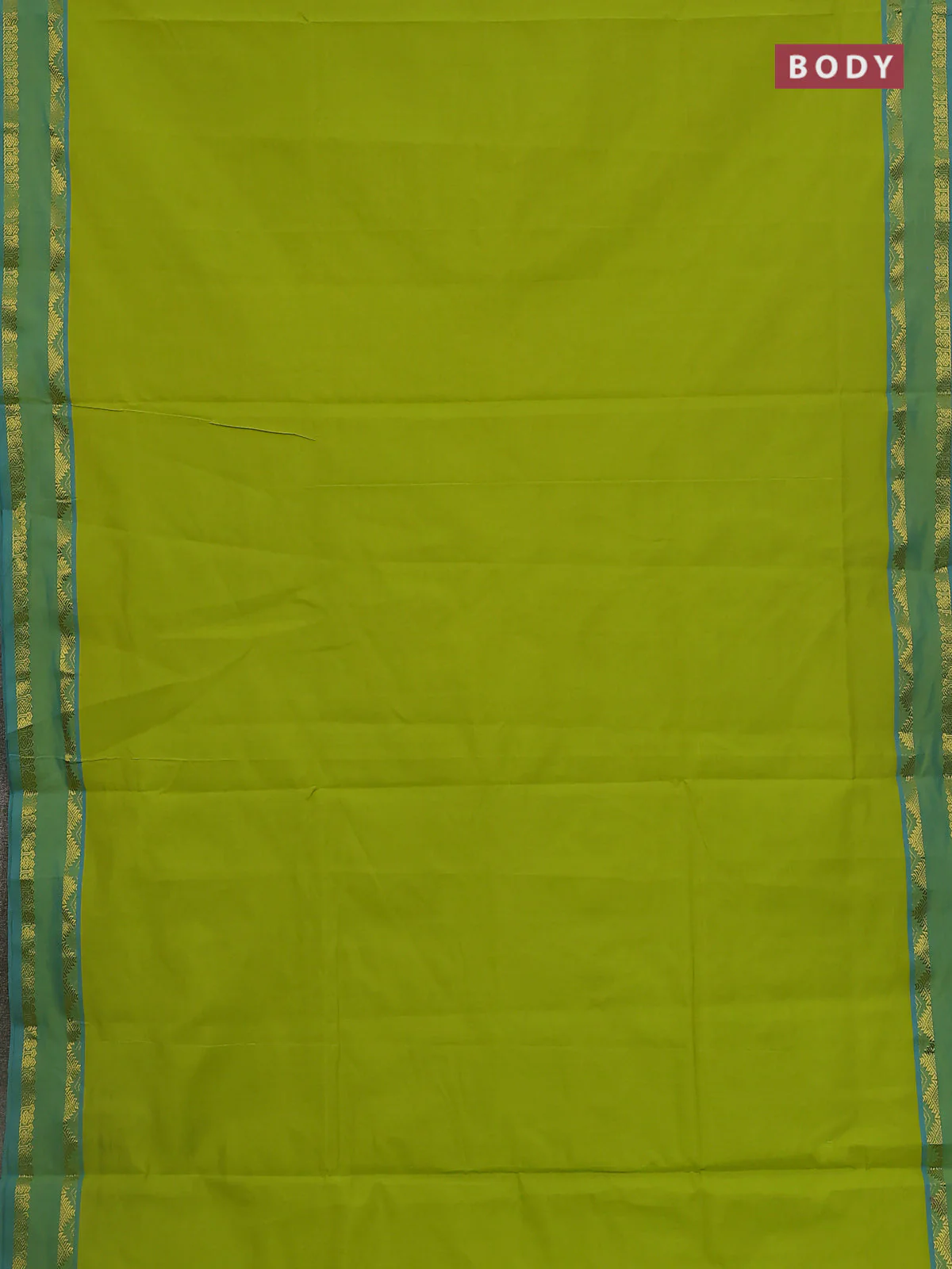 10 Yards poly cotton saree light green and cs blue with plain body and rettapet zari woven border - Image 2