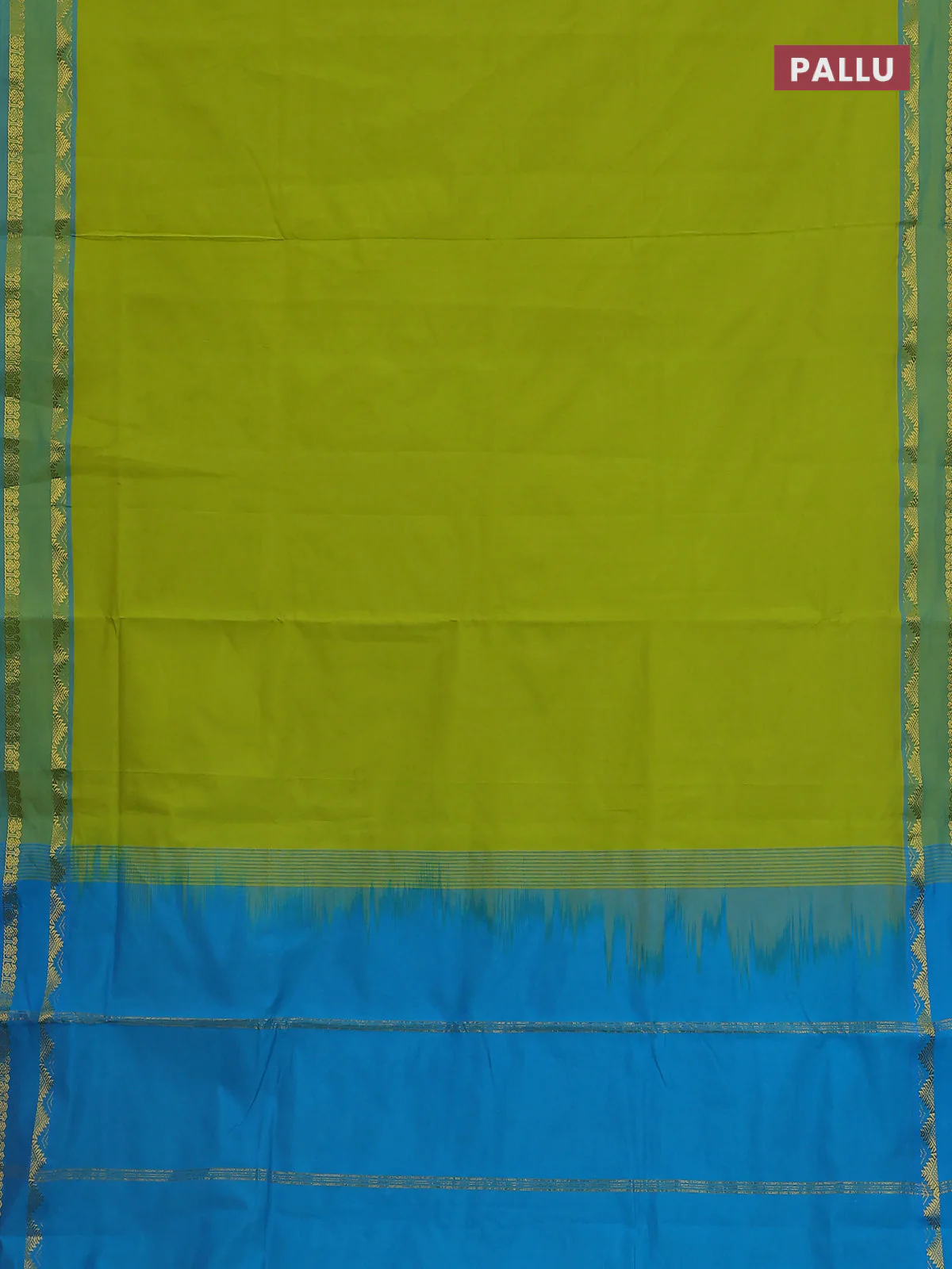 10 Yards poly cotton saree light green and cs blue with plain body and rettapet zari woven border - Image 3