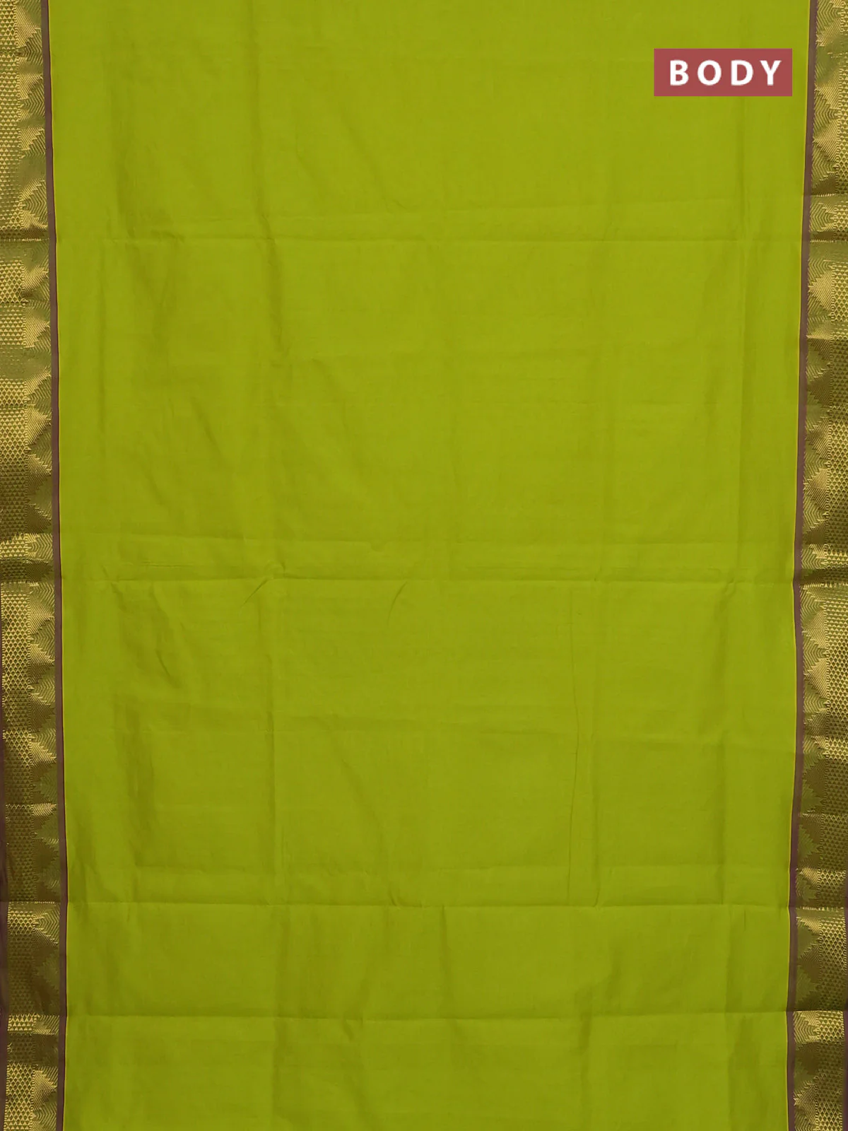 10 Yards poly cotton saree light green and purple with plain body and temple zari woven border - Image 2