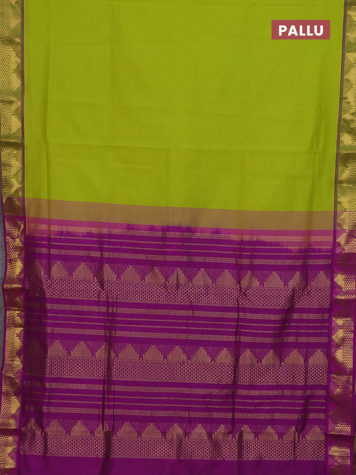 10 Yards poly cotton saree light green and purple with plain body and temple zari woven border - Image 3