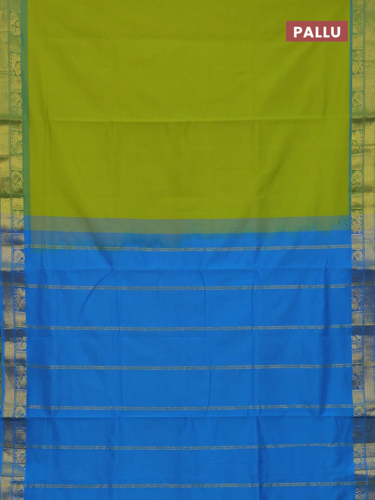 10 Yards poly cotton saree light green and teal blue with plain body and annam & paisley zari woven border - Image 3