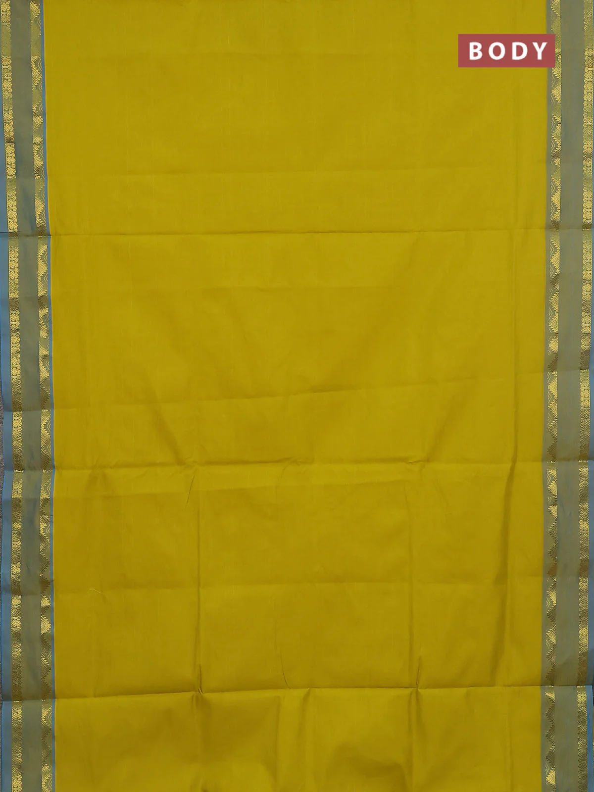 10 Yards poly cotton saree lime yellow and cs blue with plain body and rettapet temple zari woven border - Image 2