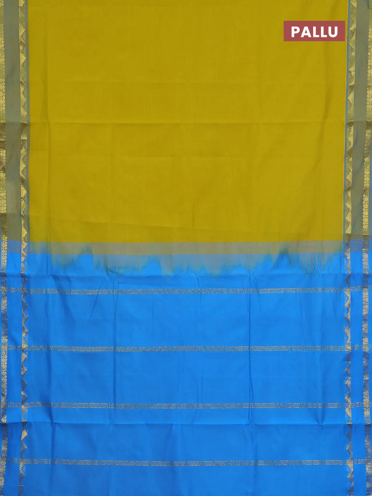 10 Yards poly cotton saree lime yellow and cs blue with plain body and rettapet temple zari woven border - Image 3
