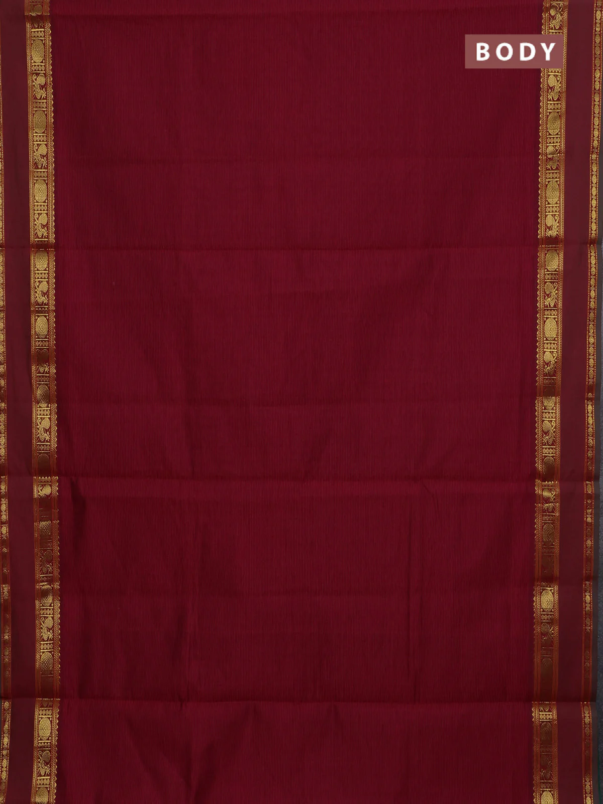 10 Yards poly cotton saree maroon and green with plain body and rettapet zari woven border - Image 2