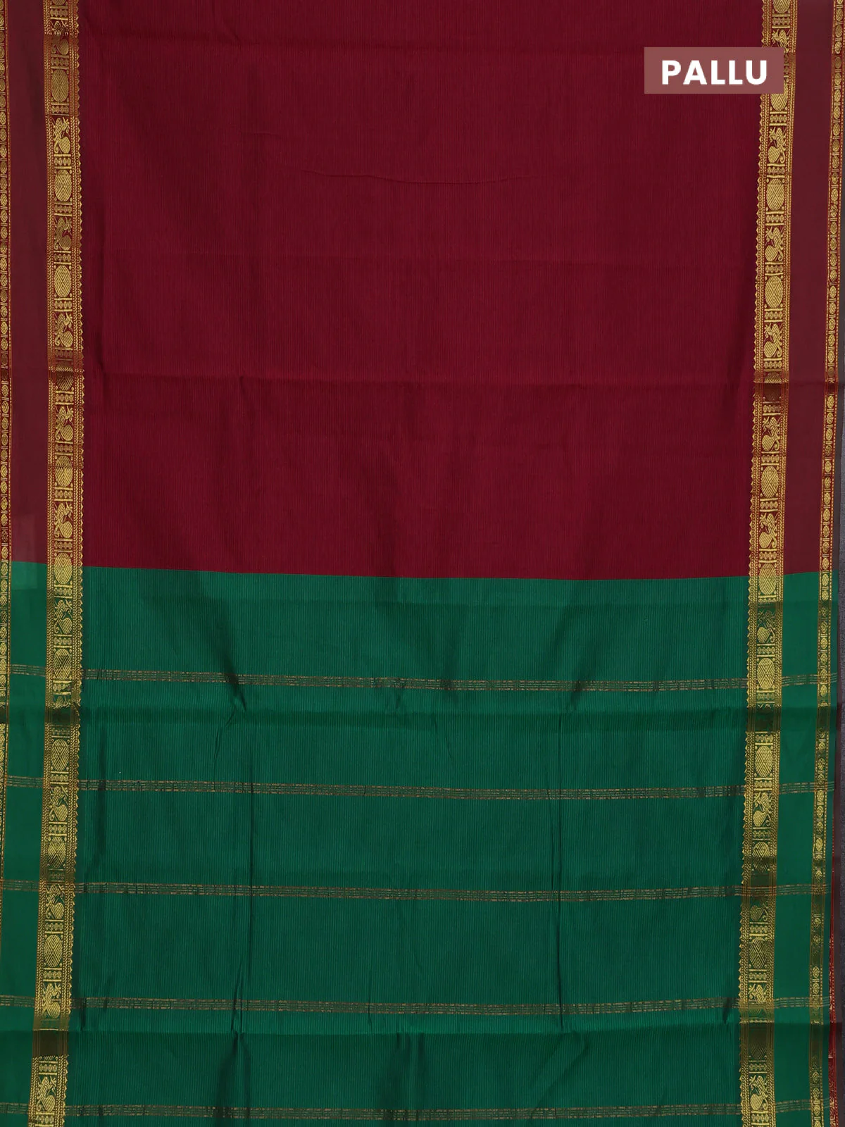 10 Yards poly cotton saree maroon and green with plain body and rettapet zari woven border - Image 3