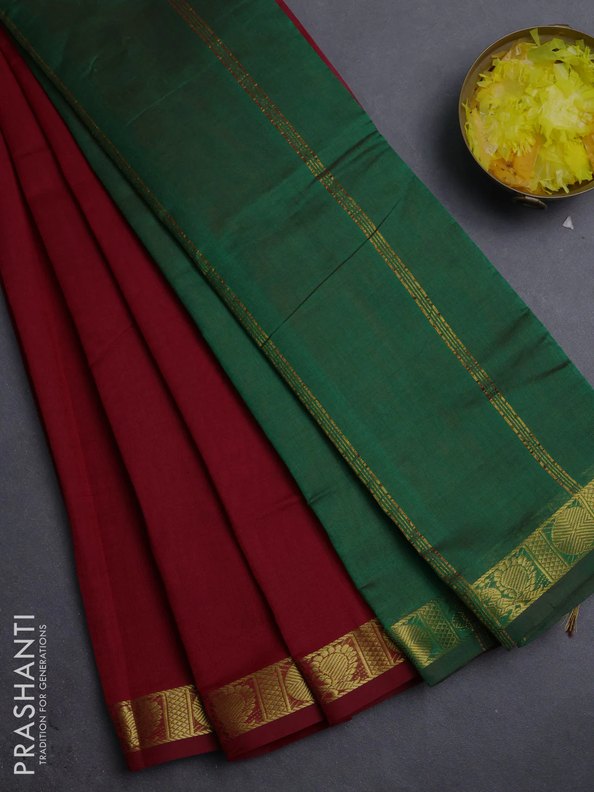 10 Yards poly cotton saree maroon and green with plain border and annam zari woven border
