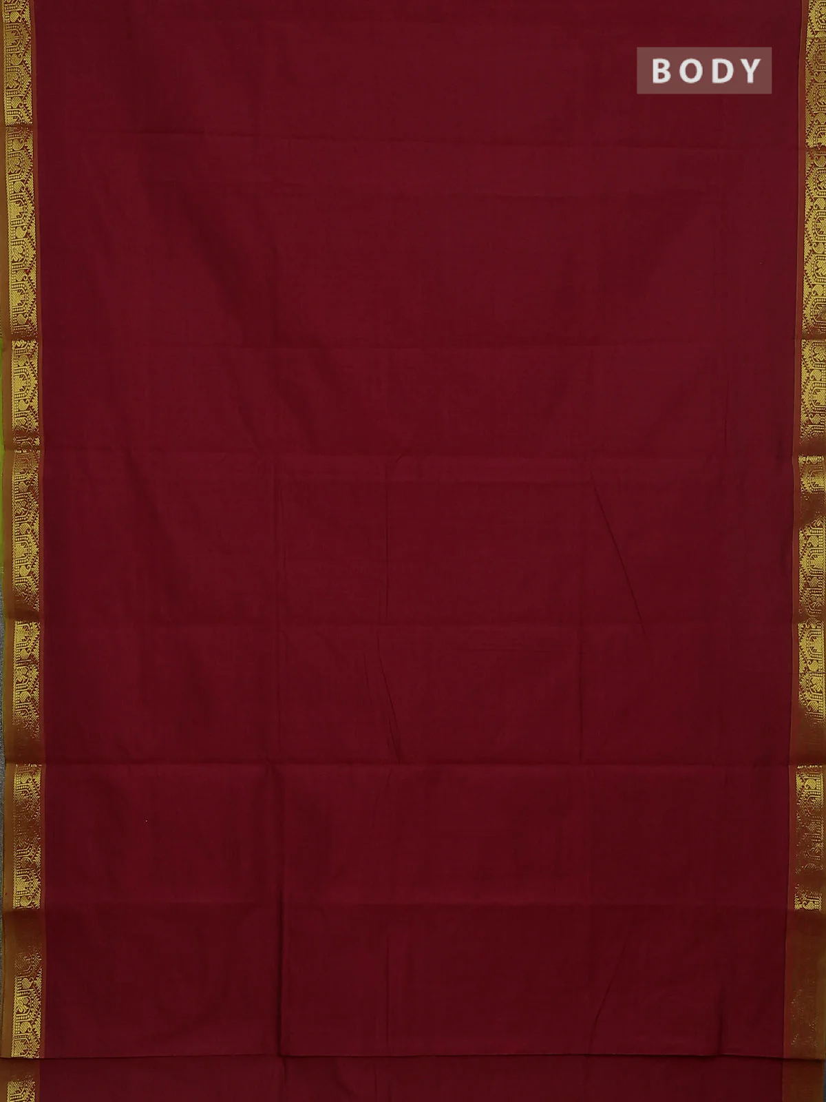 10 Yards poly cotton saree maroon and light green with plain body and temple zari woven border - Image 2