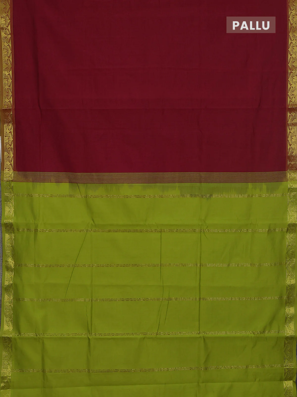 10 Yards poly cotton saree maroon and light green with plain body and temple zari woven border - Image 3