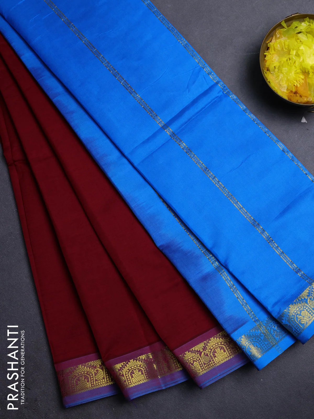 10 Yards poly cotton saree maroon and teal blue with plain body and zari woven border
