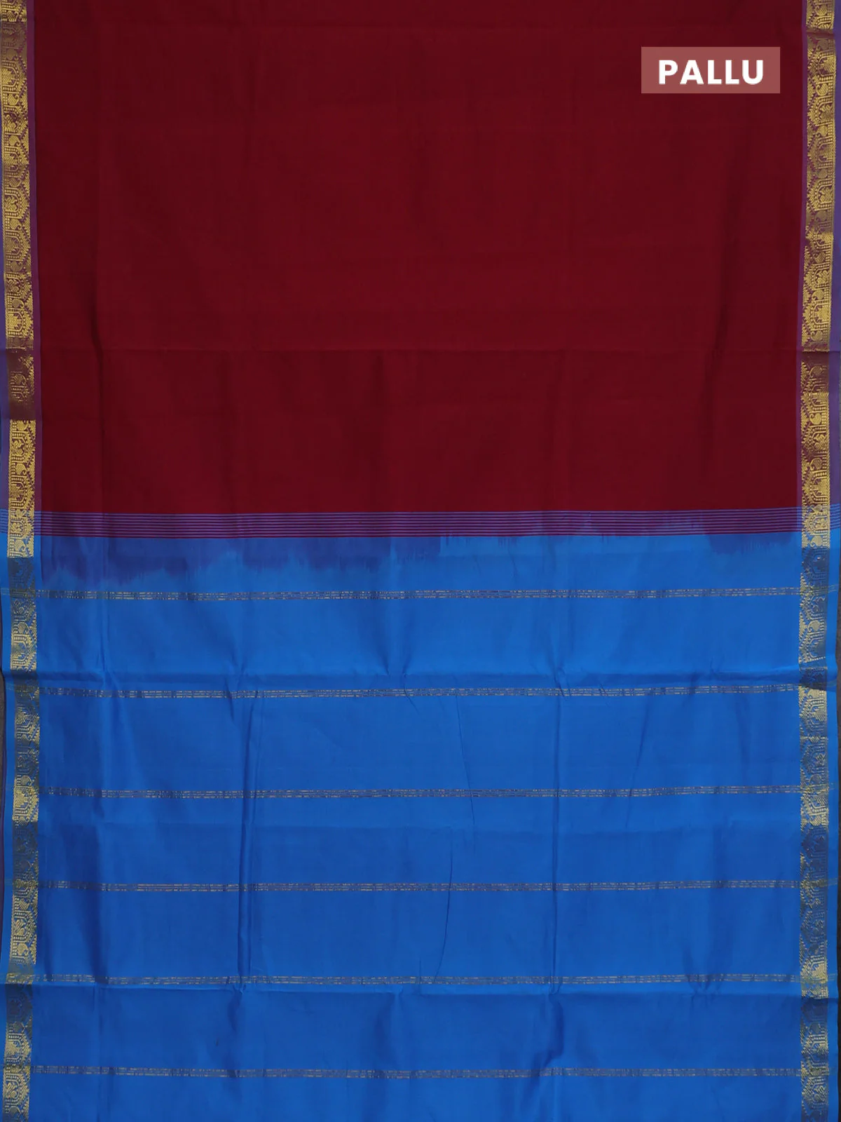10 Yards poly cotton saree maroon and teal blue with plain body and zari woven border - Image 3
