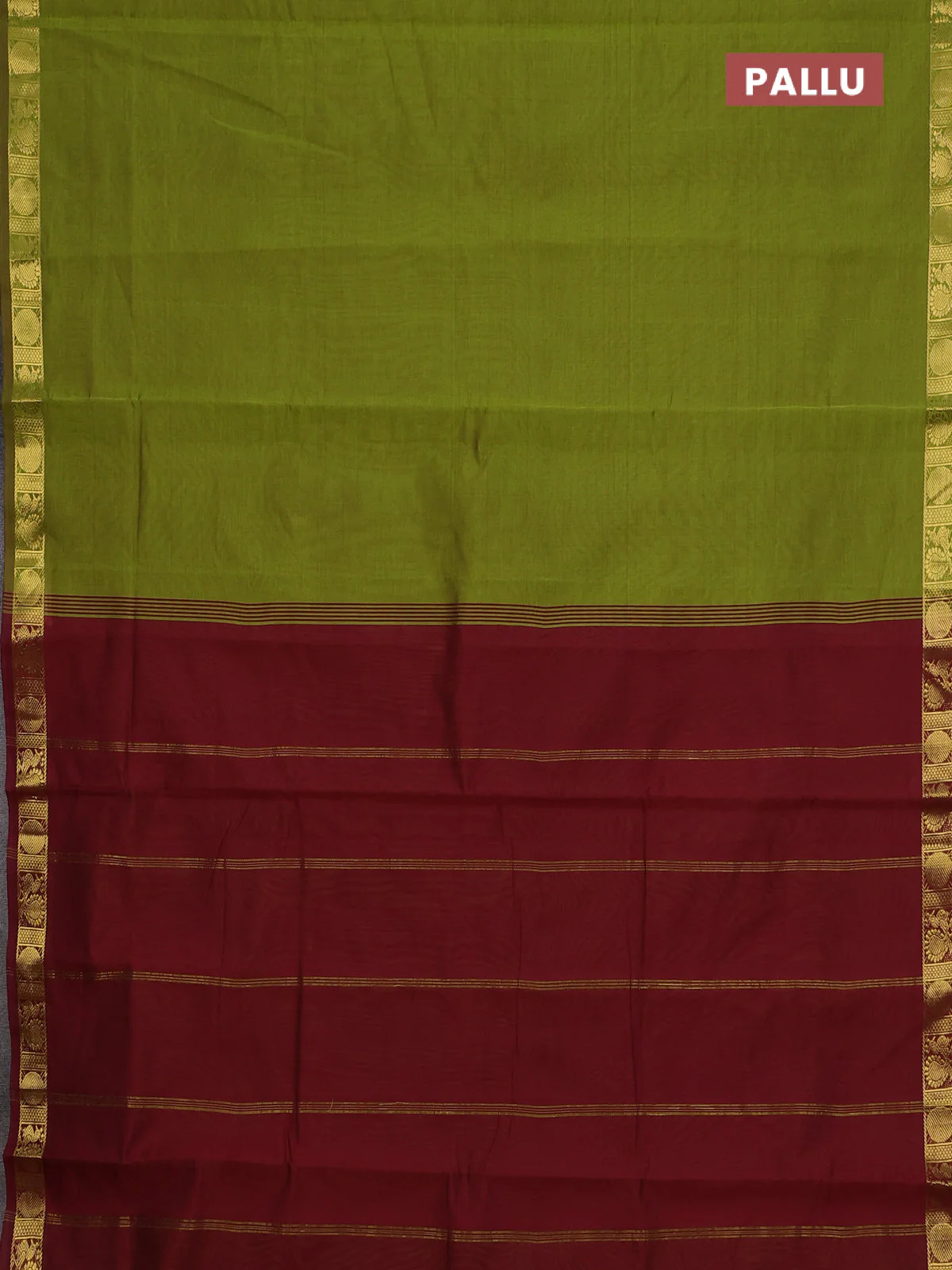 10 Yards poly cotton saree mehendi green and deep maroon with plain body and zari woven border - Image 3