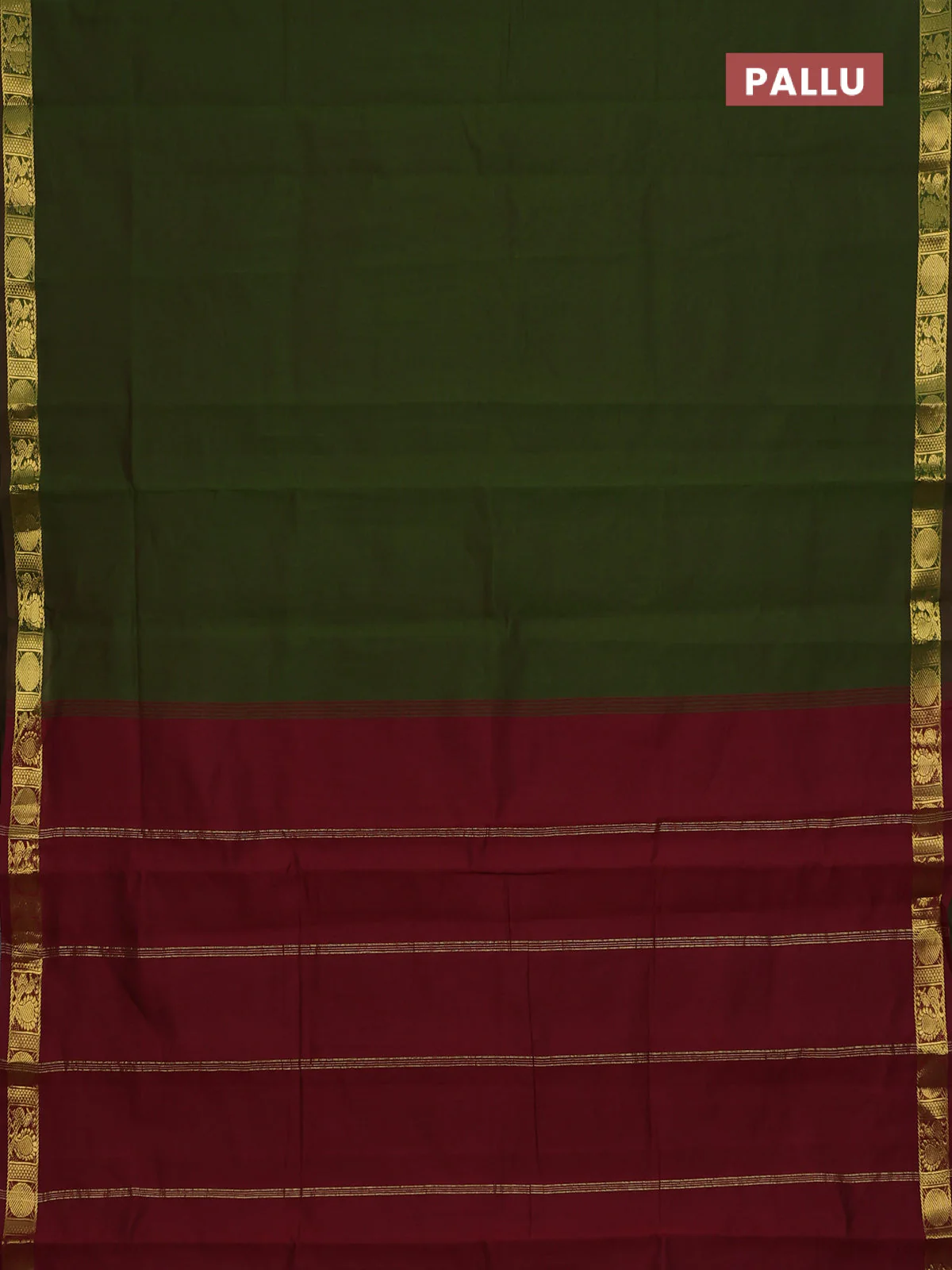 10 Yards poly cotton saree mehendi green and deep maroon with plain border and annam zari woven border - Image 3