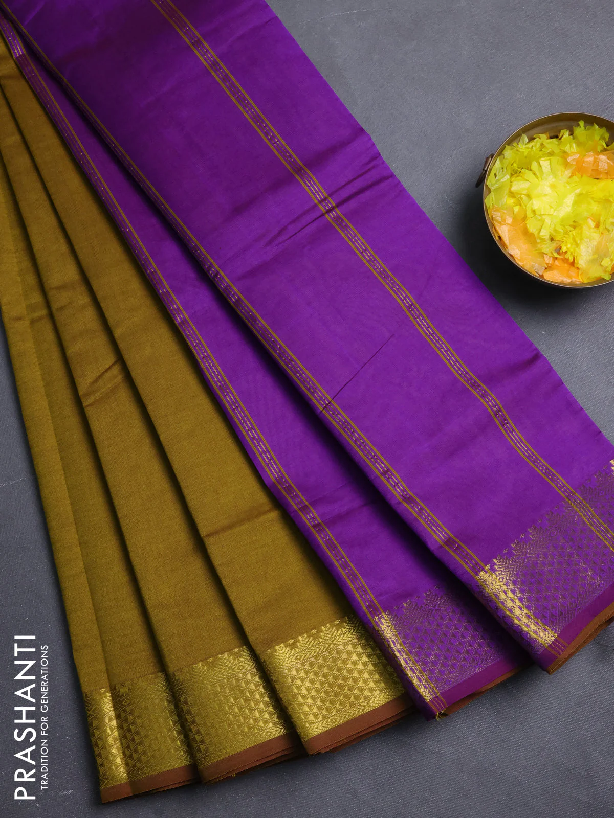 10 Yards poly cotton saree mehendi green and purple with plain body and temple zari woven border