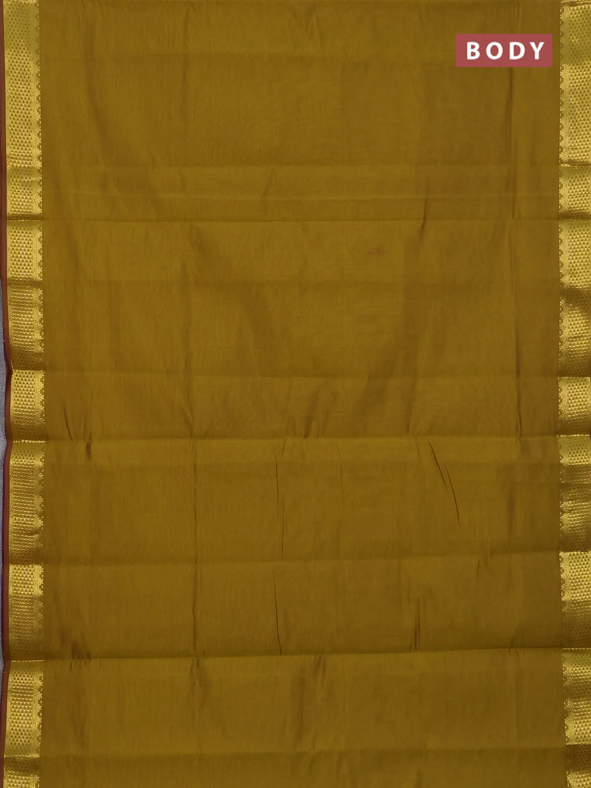 10 Yards poly cotton saree mehendi green and purple with plain body and temple zari woven border - Image 2
