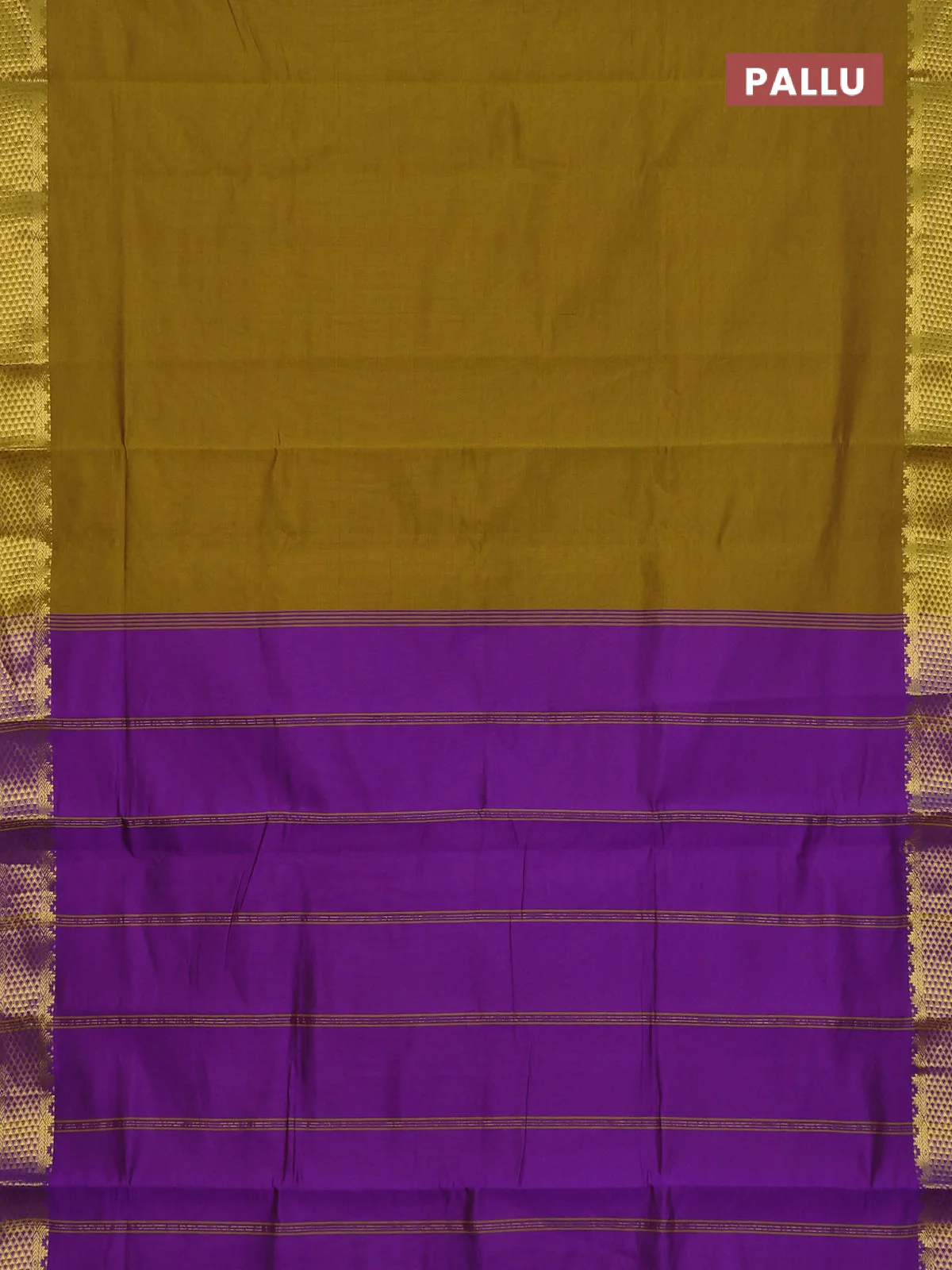 10 Yards poly cotton saree mehendi green and purple with plain body and temple zari woven border - Image 3
