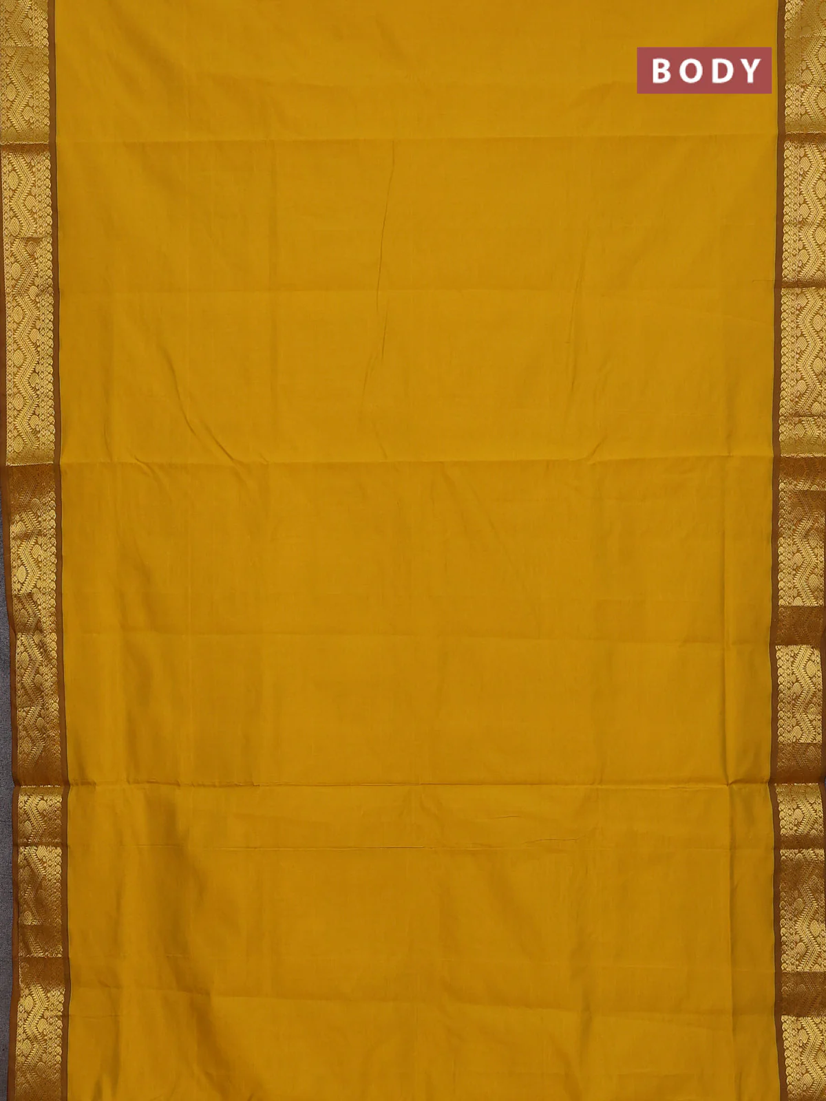 10 Yards poly cotton saree mustard yellow and coffee brown with plain body and zari woven border - Image 2