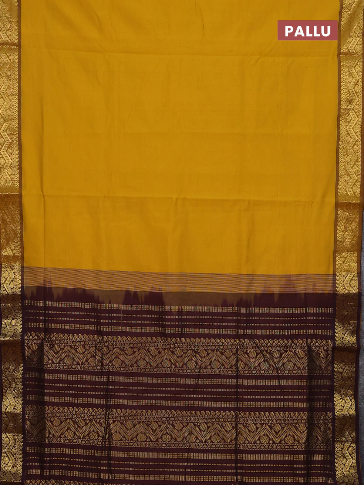 10 Yards poly cotton saree mustard yellow and coffee brown with plain body and zari woven border - Image 3