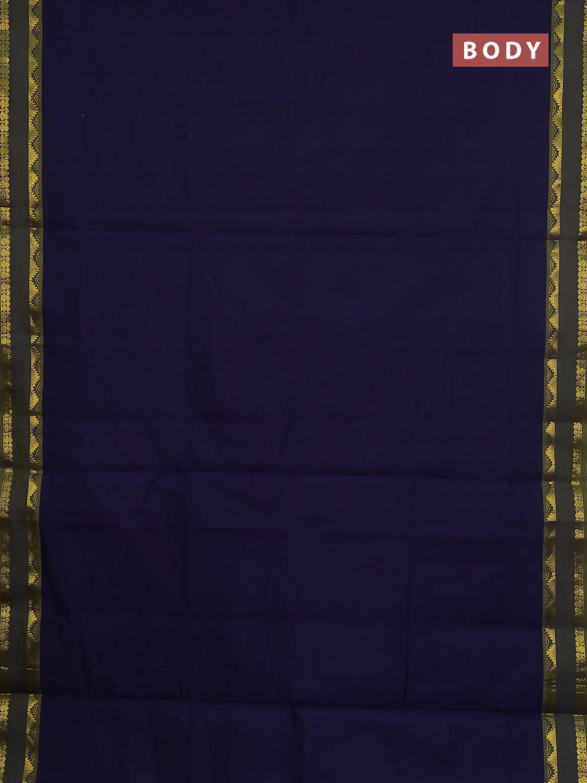 10 Yards poly cotton saree navy blue and sap green with plain body and rettapet temple zari woven border - Image 2