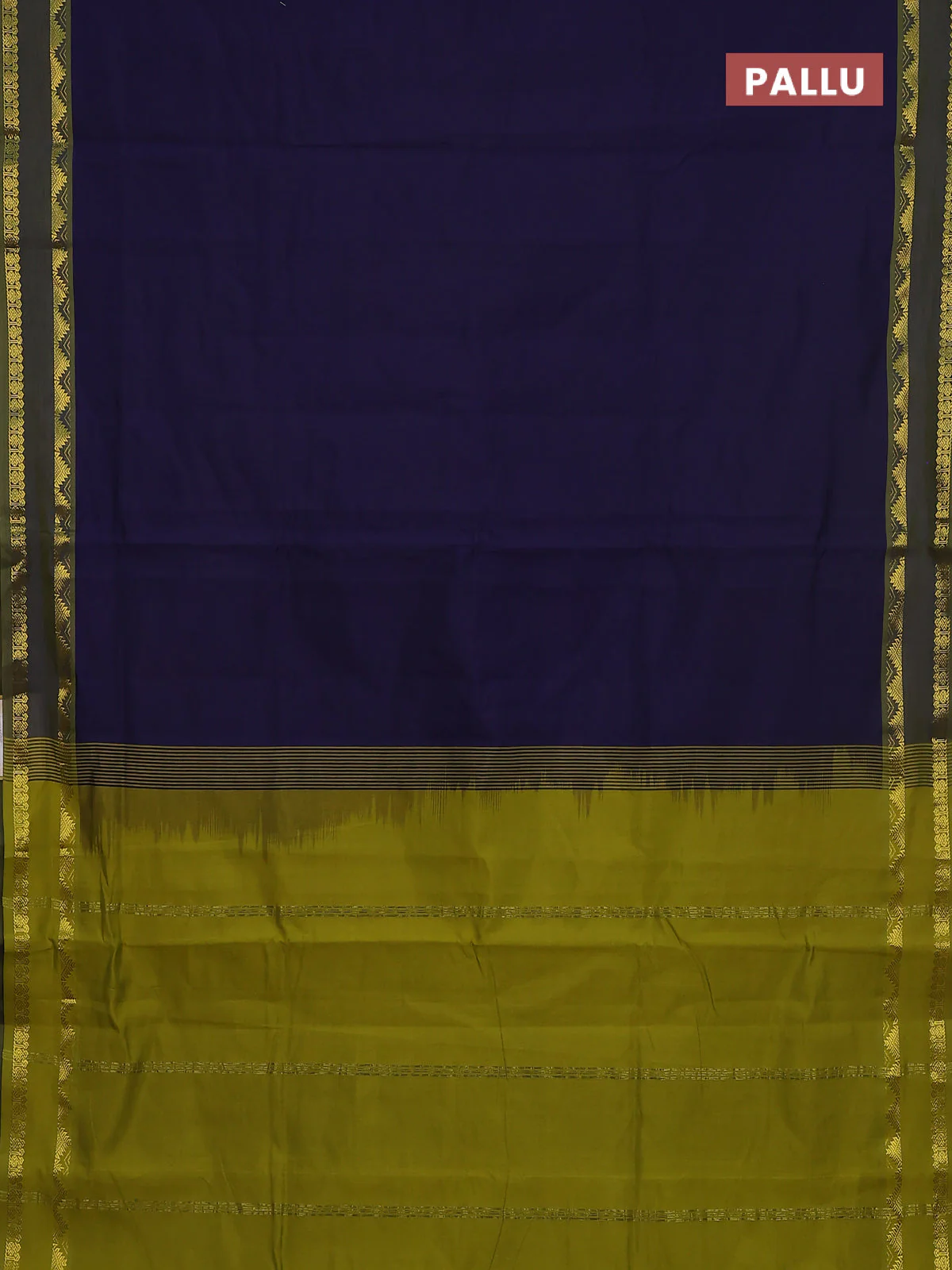 10 Yards poly cotton saree navy blue and sap green with plain body and rettapet temple zari woven border - Image 3