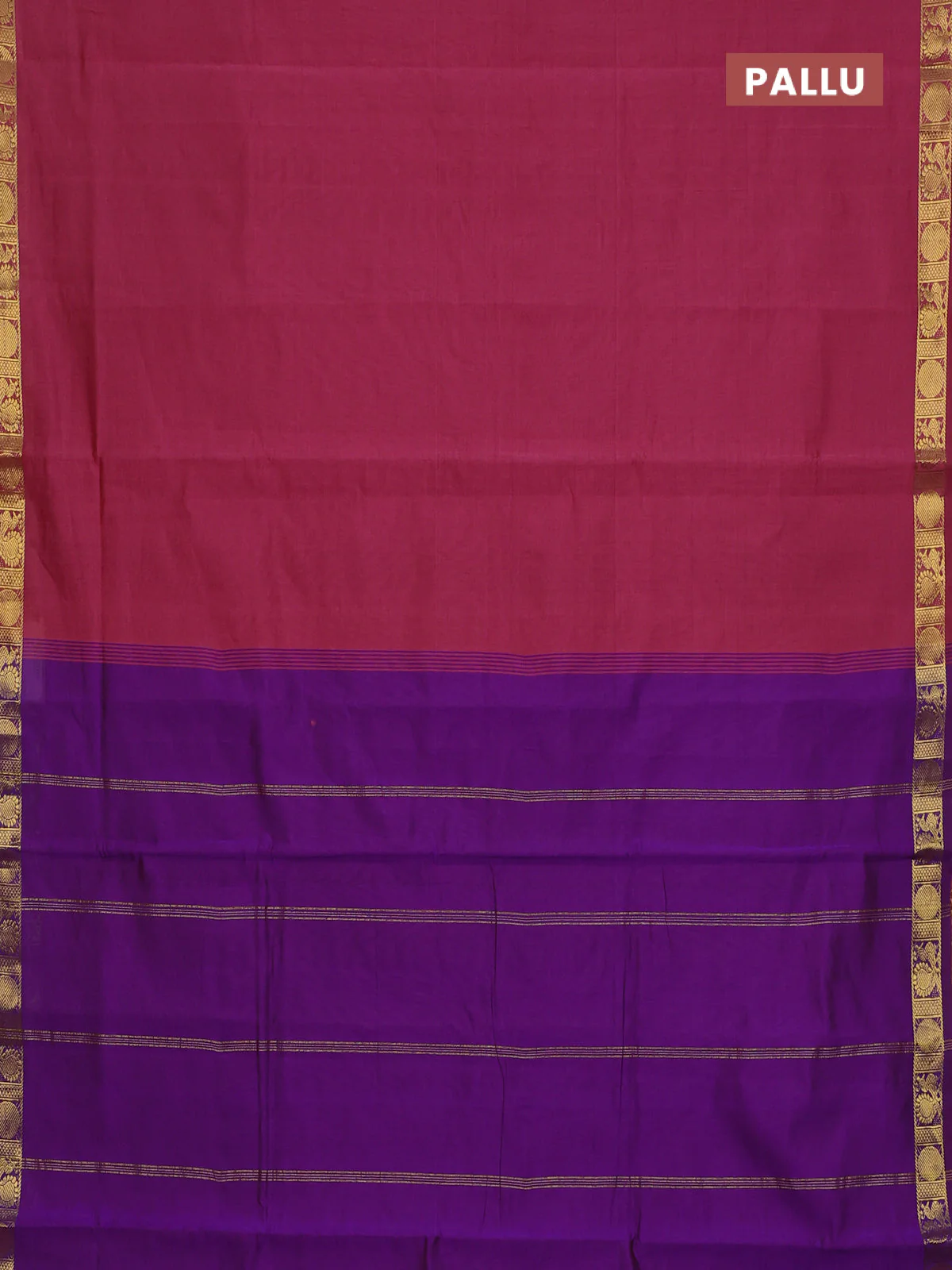 10 Yards poly cotton saree pastel maroon and violet with plain body and annam zari woven border - Image 3