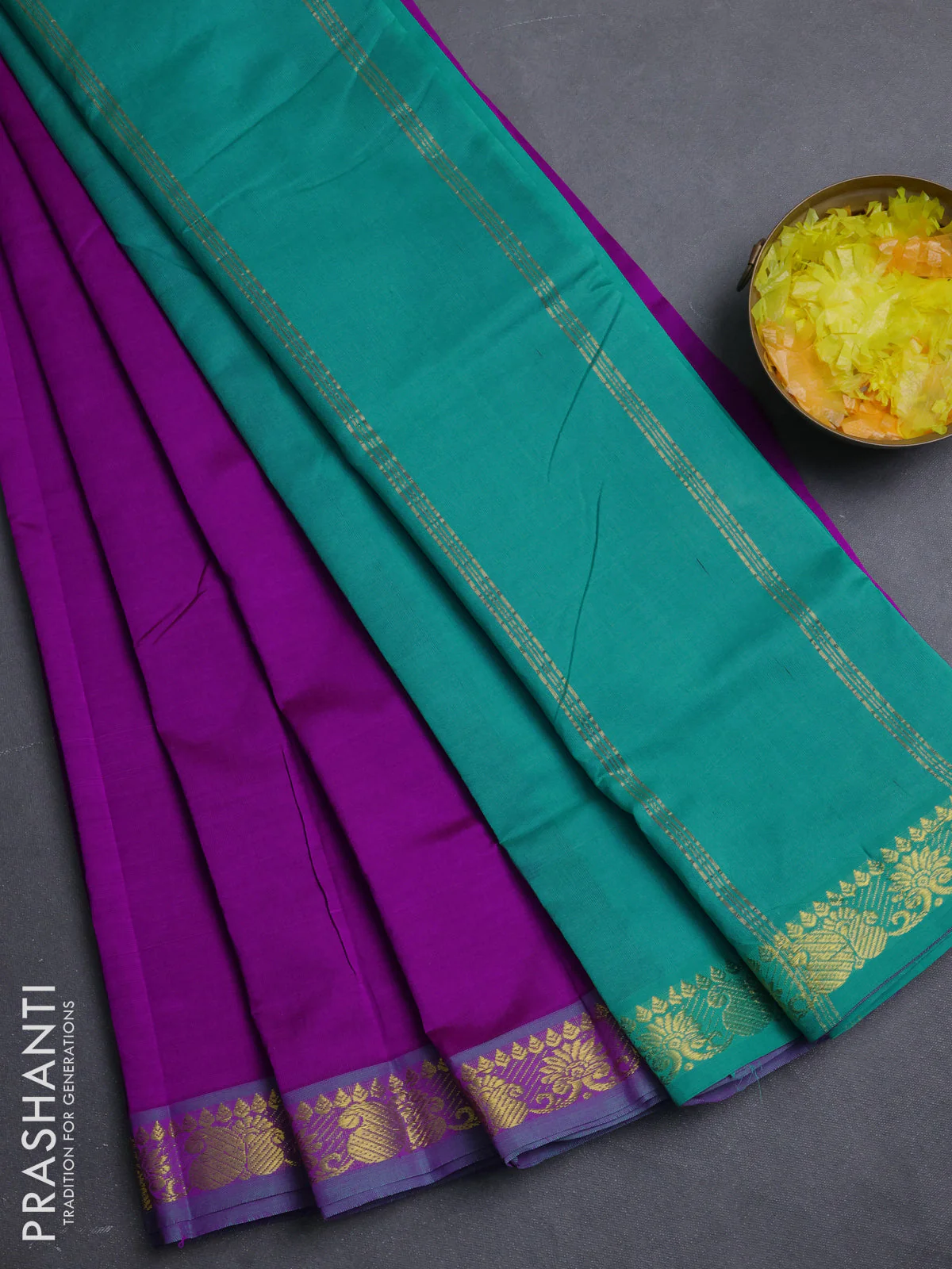 10 Yards poly cotton saree purple and teal green with plain body and paisley zari woven border