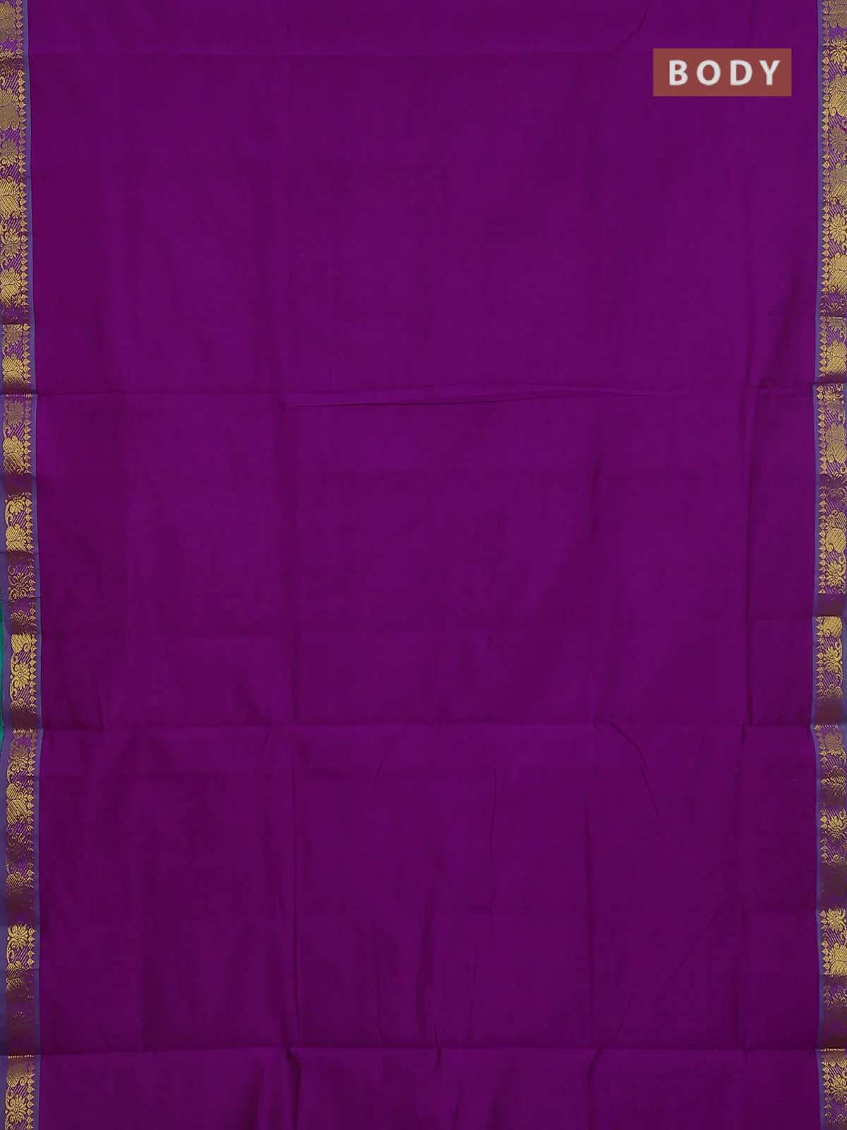 10 Yards poly cotton saree purple and teal green with plain body and paisley zari woven border - Image 2